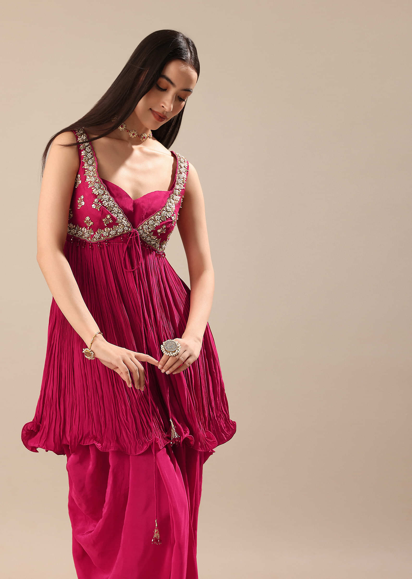 Magenta Crepe Dhoti With Embroidered Blouse And Koti - Image 4