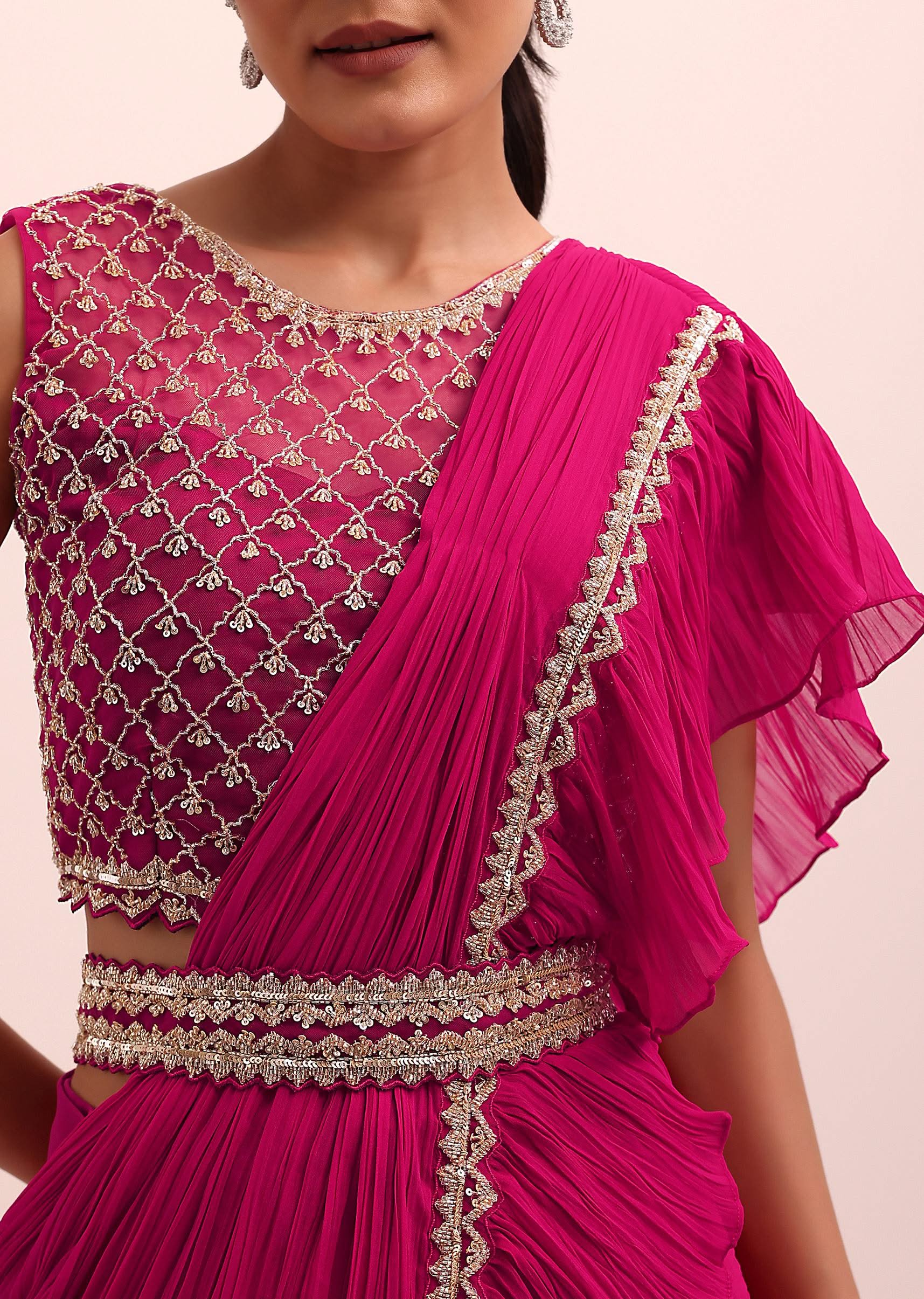 Magenta Pink Pre Pleated Frill Saree With Belt And A Stitched Blouse - Image 2