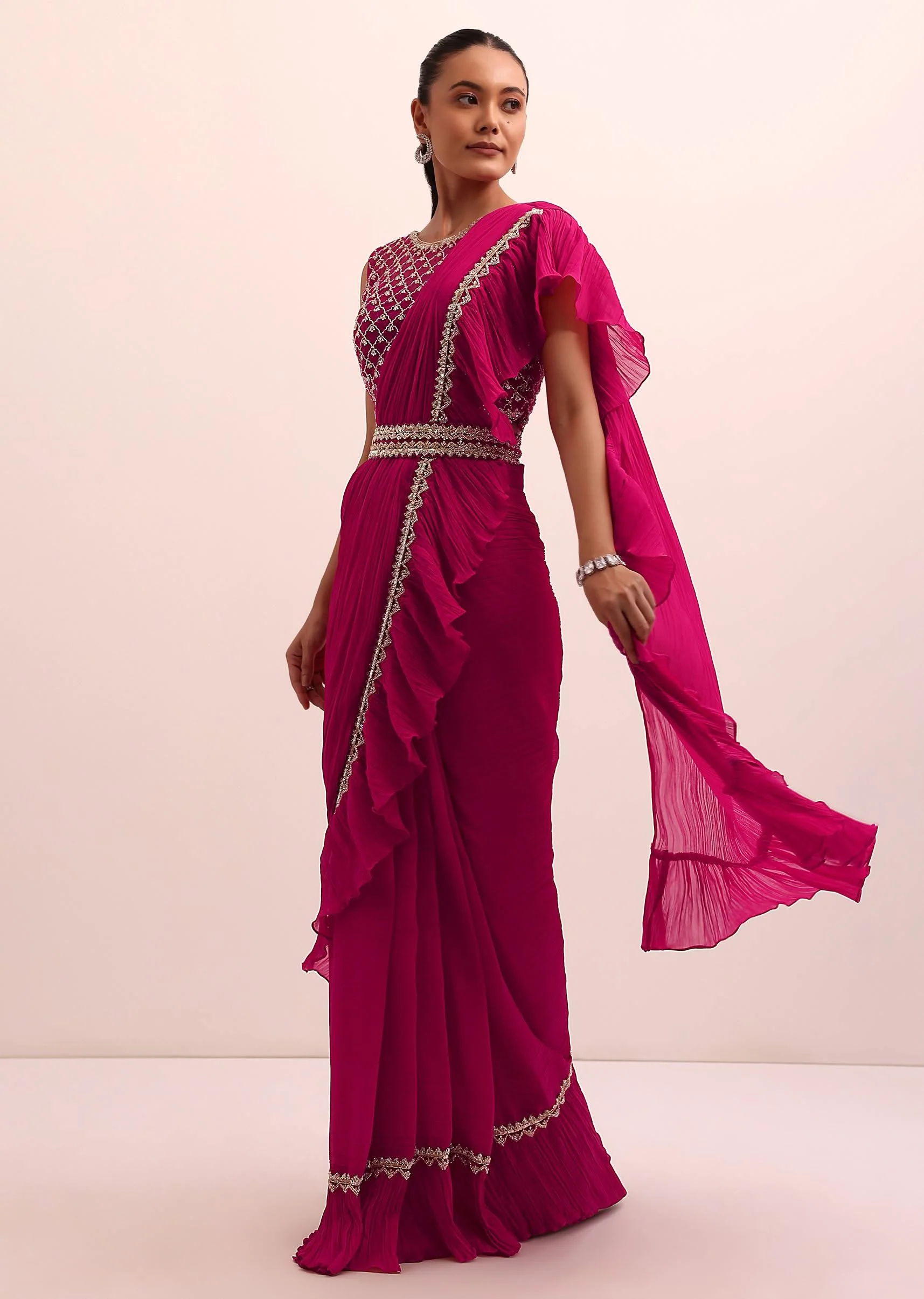Magenta Pink Pre Pleated Frill Saree With Belt And A Stitched Blouse - Image 3