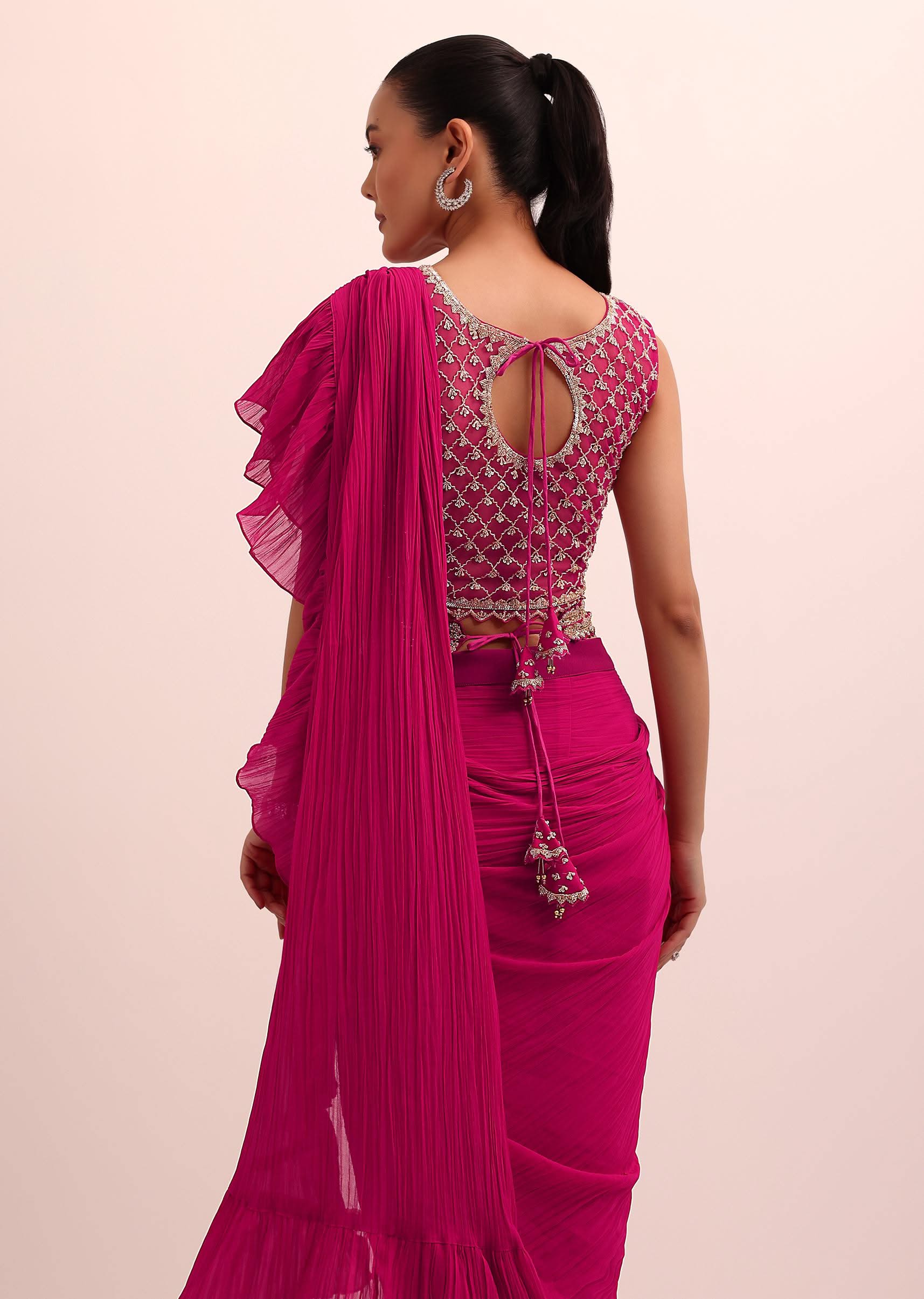 Magenta Pink Pre Pleated Frill Saree With Belt And A Stitched Blouse - Image 4