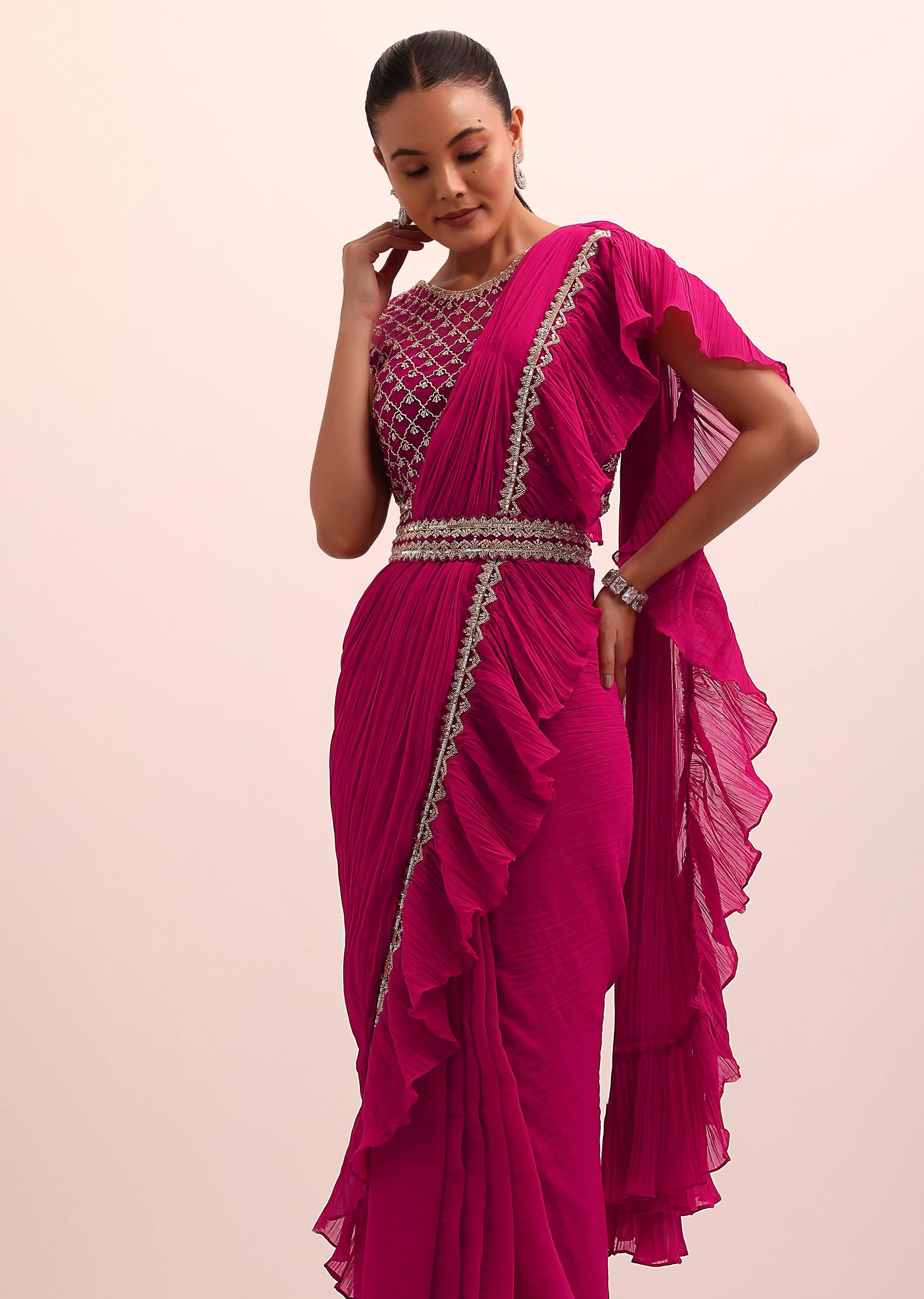 Magenta Pink Pre Pleated Frill Saree With Belt And A Stitched Blouse - Image 5