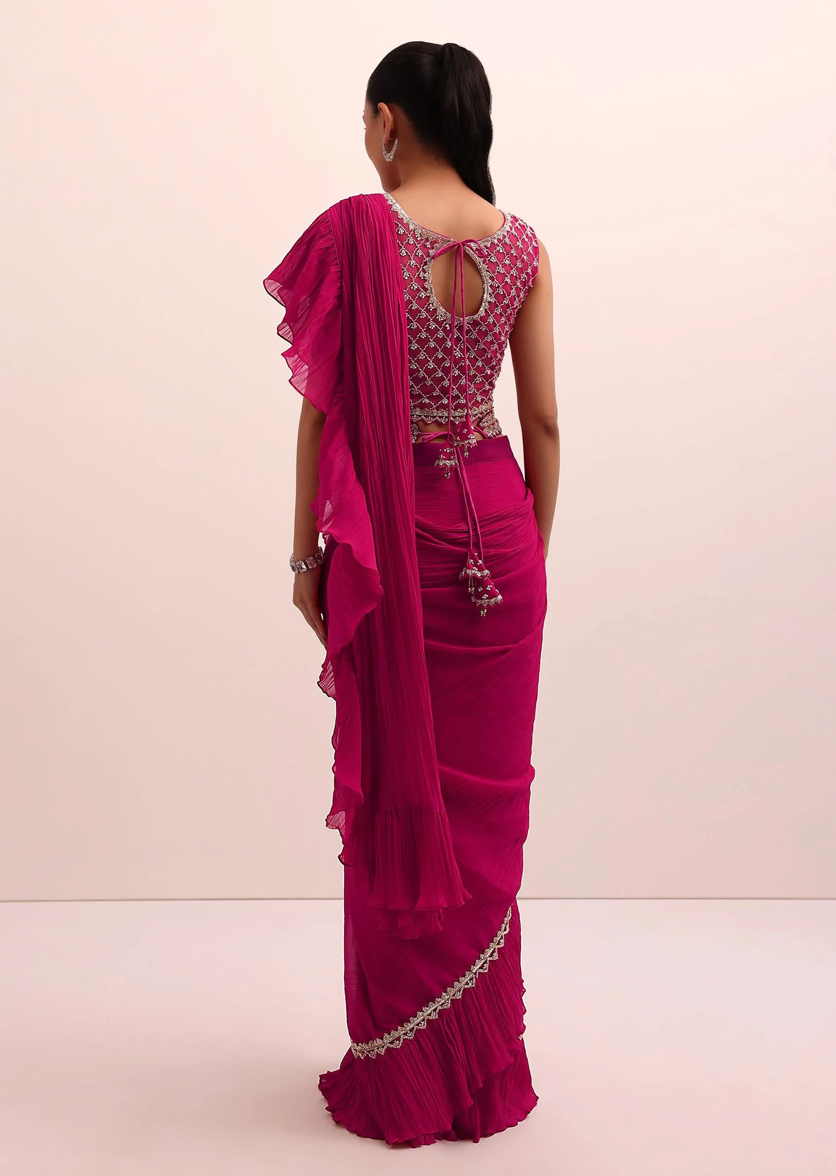 Magenta Pink Pre Pleated Frill Saree With Belt And A Stitched Blouse - Image 6