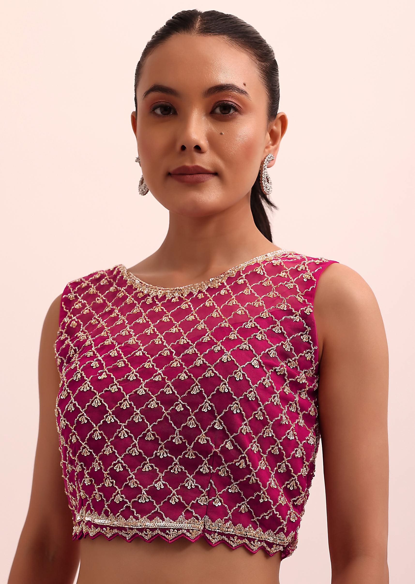 Magenta Pink Pre Pleated Frill Saree With Belt And A Stitched Blouse - Image 7