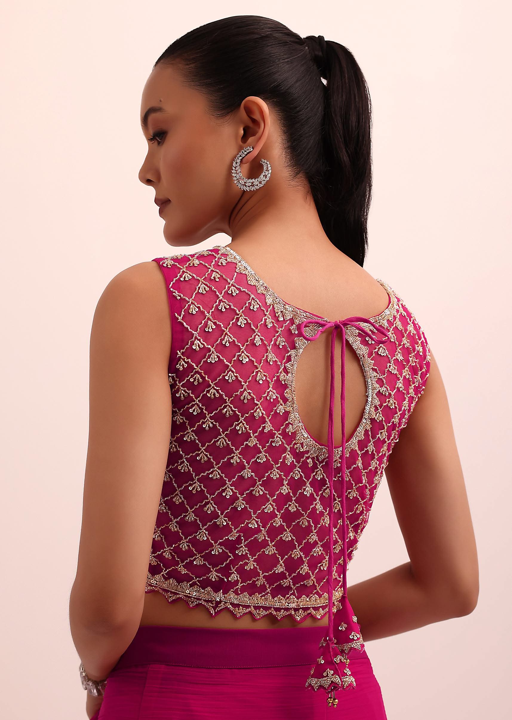 Magenta Pink Pre Pleated Frill Saree With Belt And A Stitched Blouse - Image 8