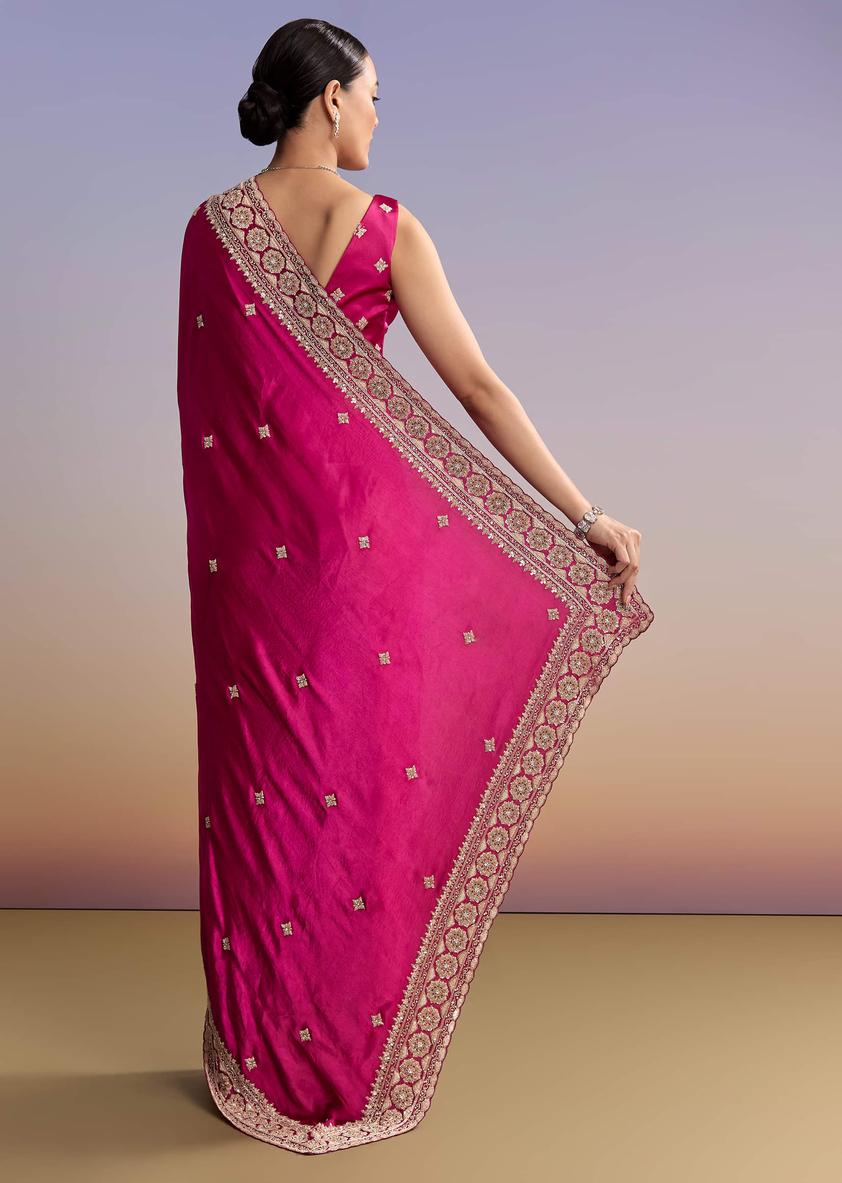 Magenta Pink Satin Saree With Floral Embroidered Border - Image 4