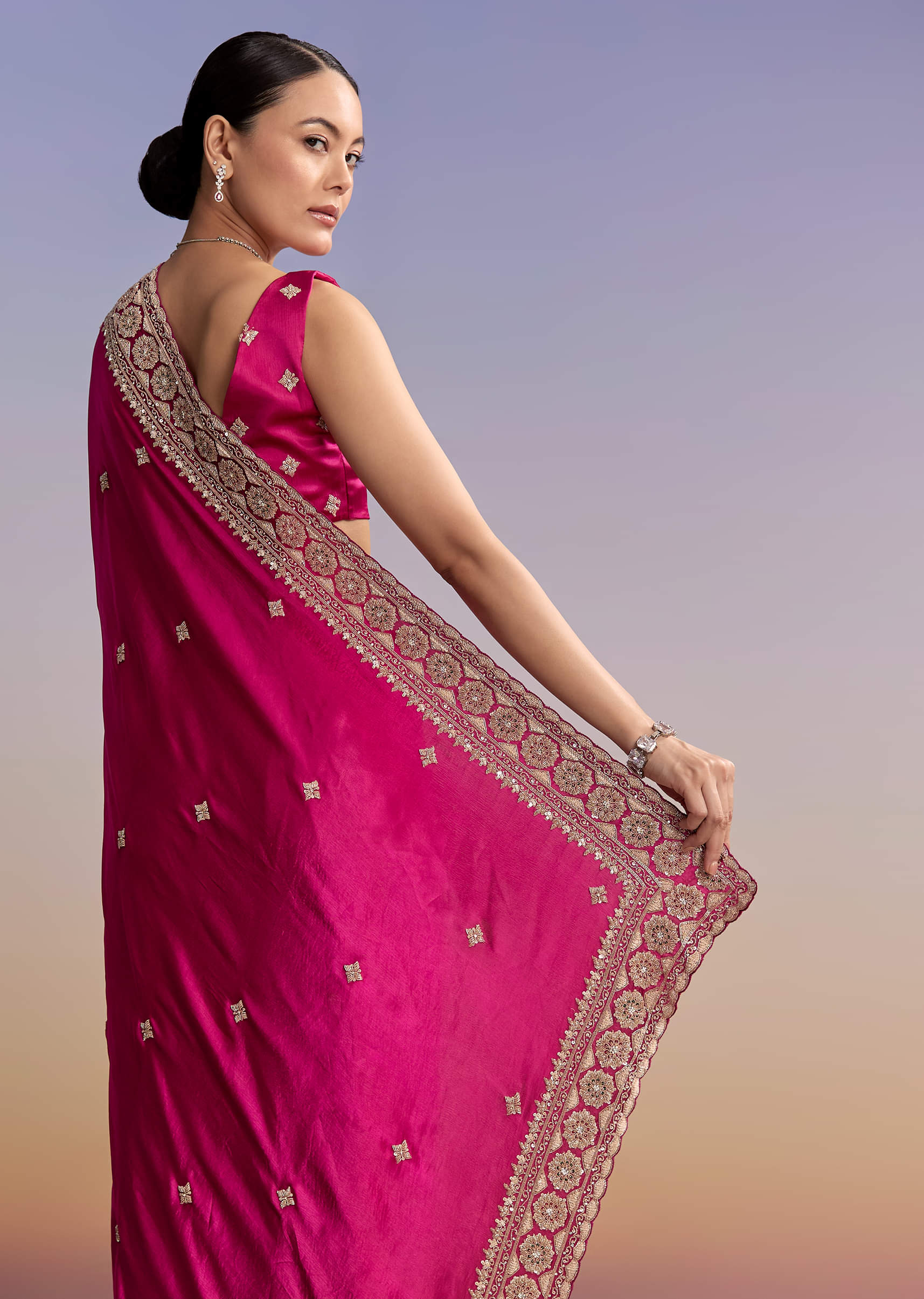 Magenta Pink Satin Saree With Floral Embroidered Border - Image 6