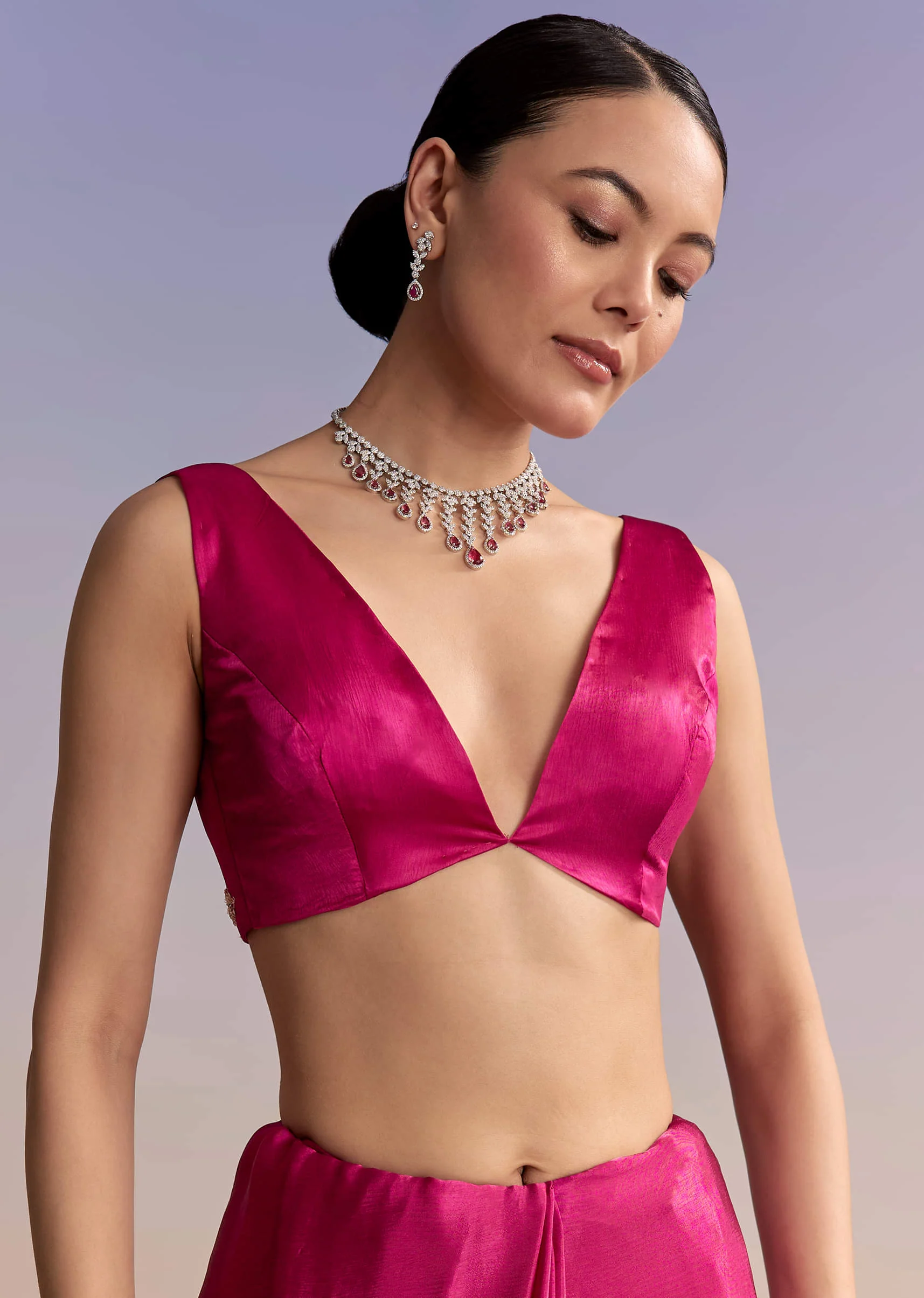 Magenta Pink Satin Saree With Floral Embroidered Border - Image 7
