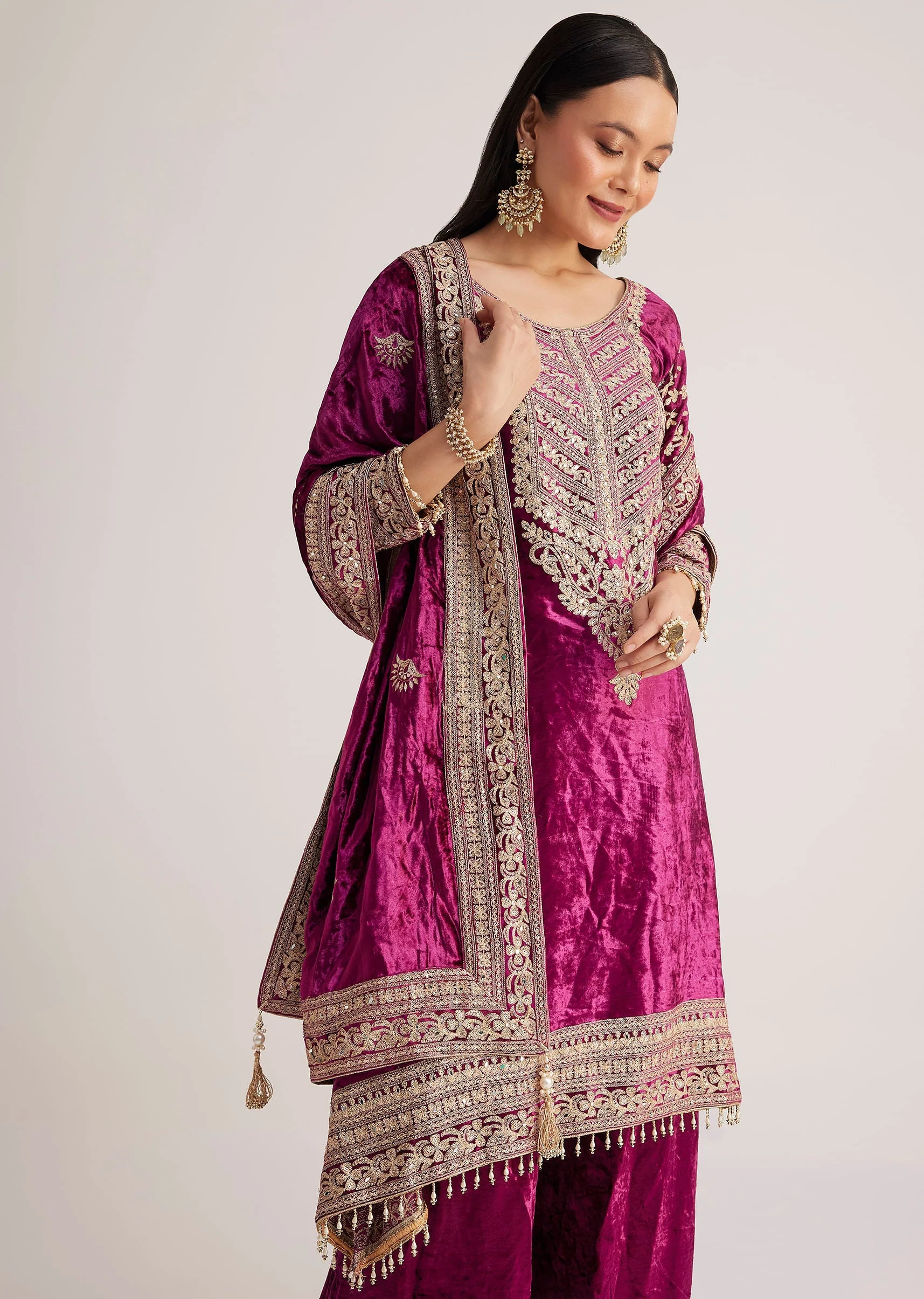 Magenta Pink Velvet Embroidered Palazzo Suit - Image 3