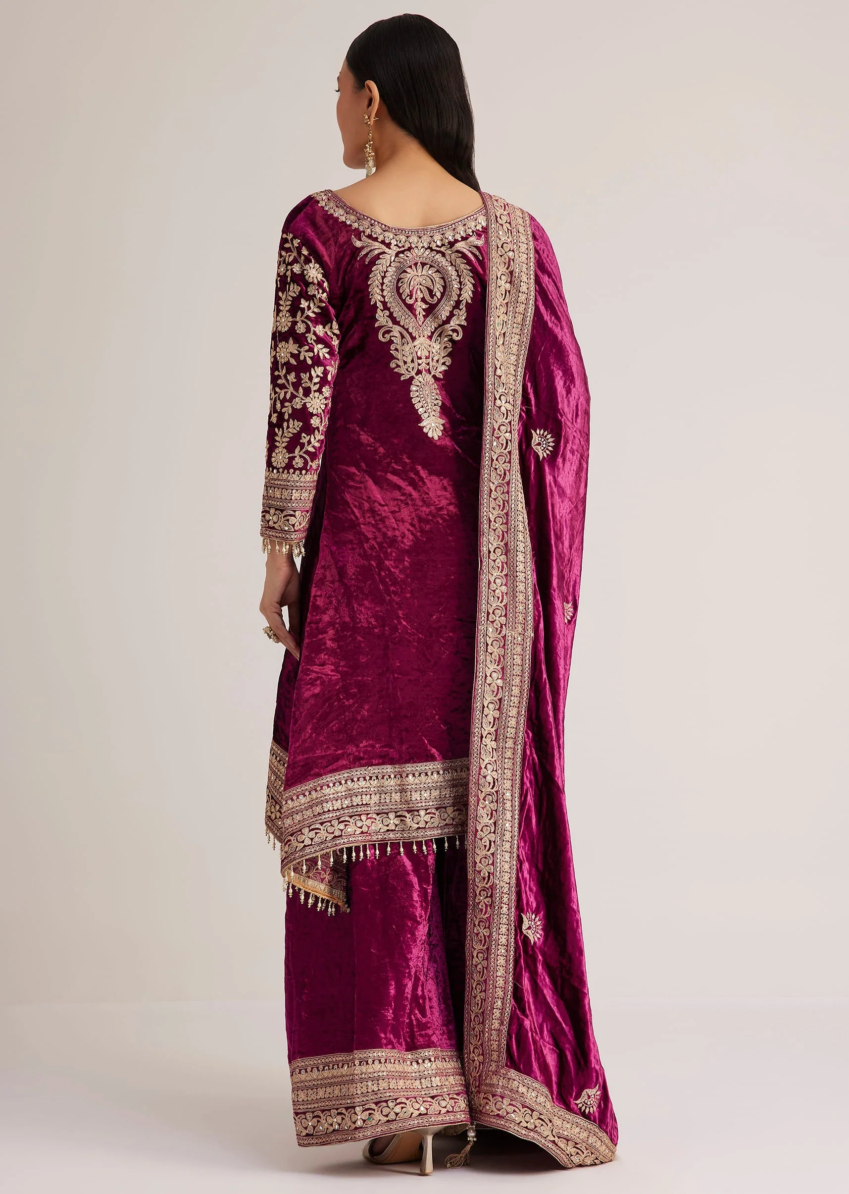 Magenta Pink Velvet Embroidered Palazzo Suit - Image 5