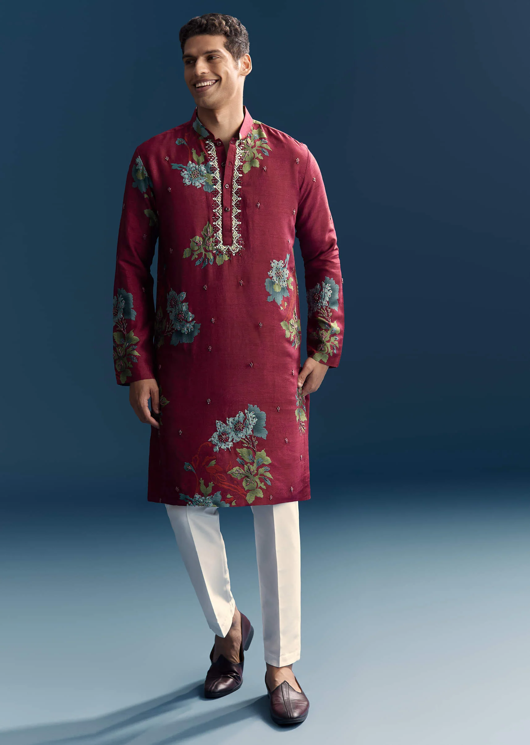 Magenta Silk Kurta Set For Men With Heavy Hand Work