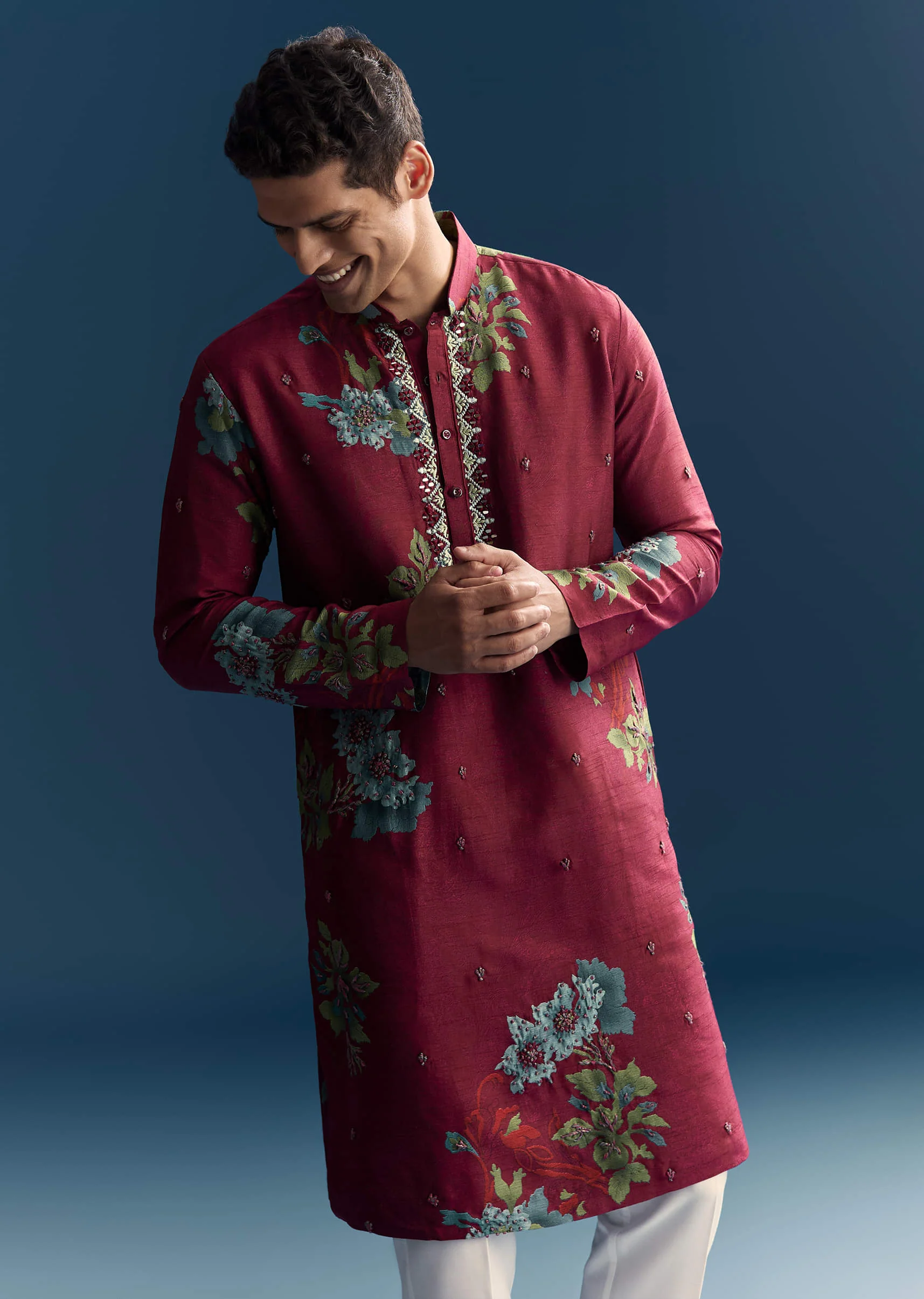 Magenta Silk Kurta Set For Men With Heavy Hand Work - Image 4