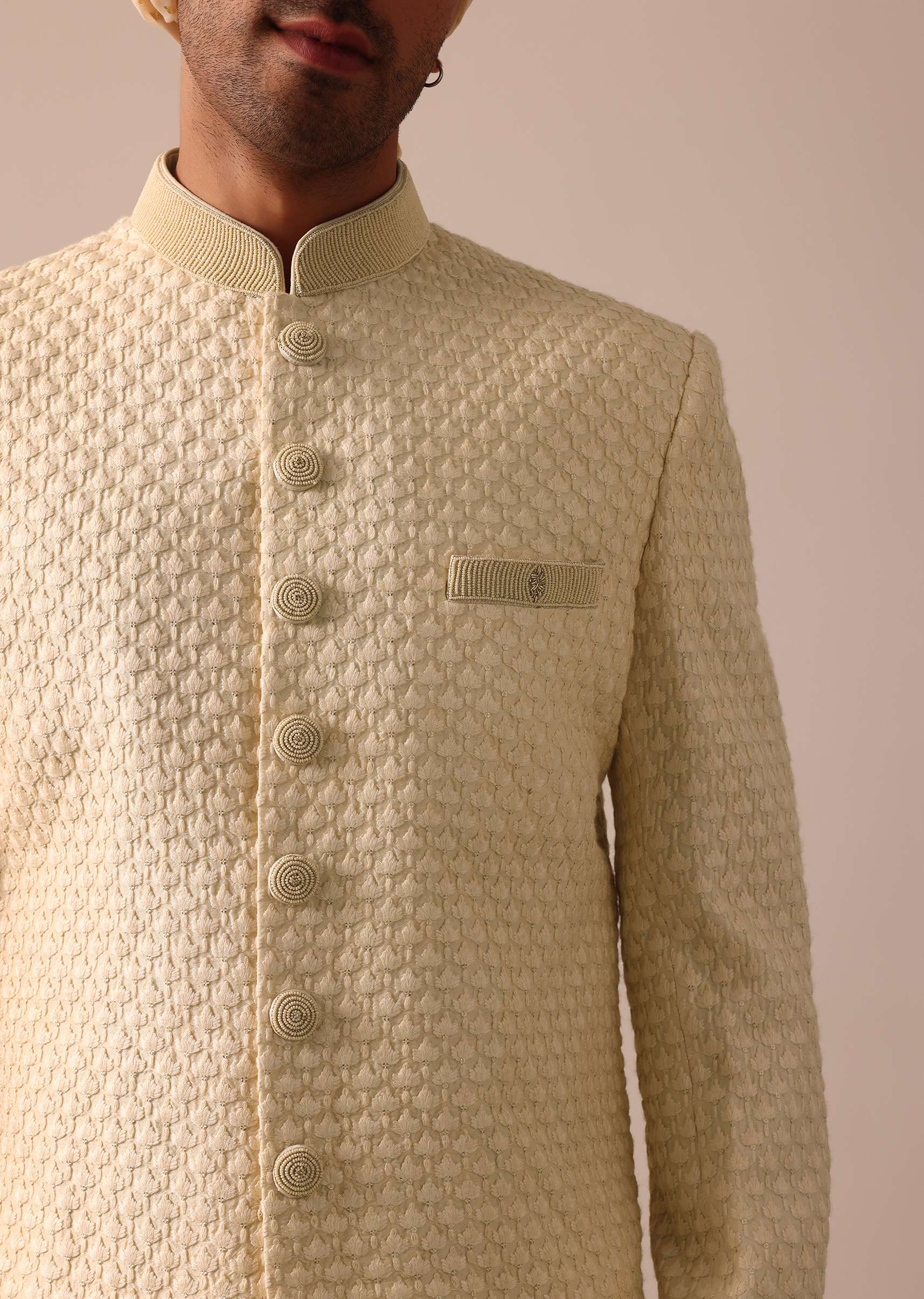 Magnificent Beige Silk Lucknowi Sherwani Set - Image 2