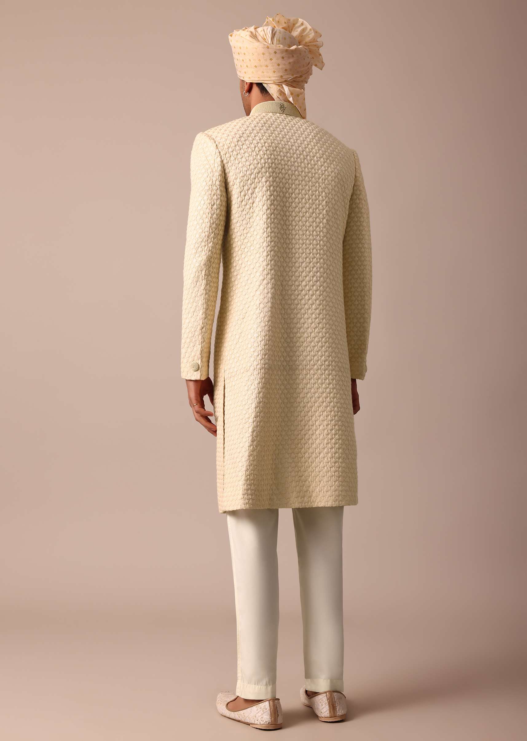 Magnificent Beige Silk Lucknowi Sherwani Set - Image 4