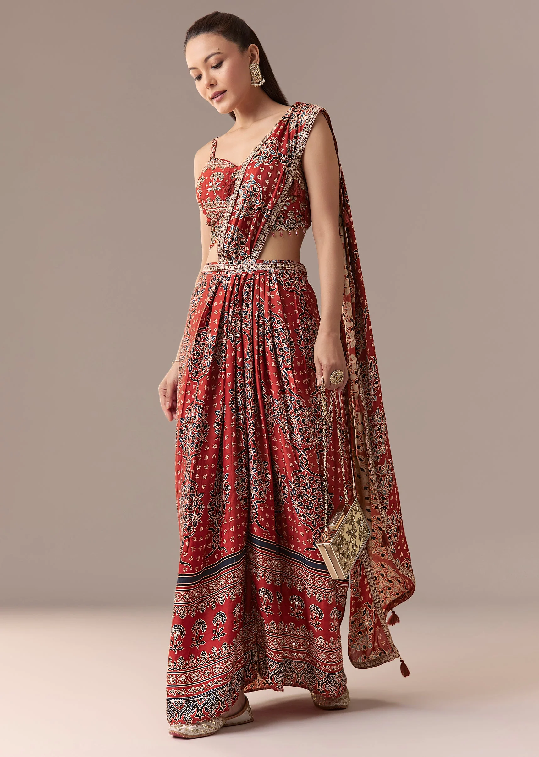 Maroon Ajrakh Pre Draped Saree Set With Mirror Work Blouse - Image 3