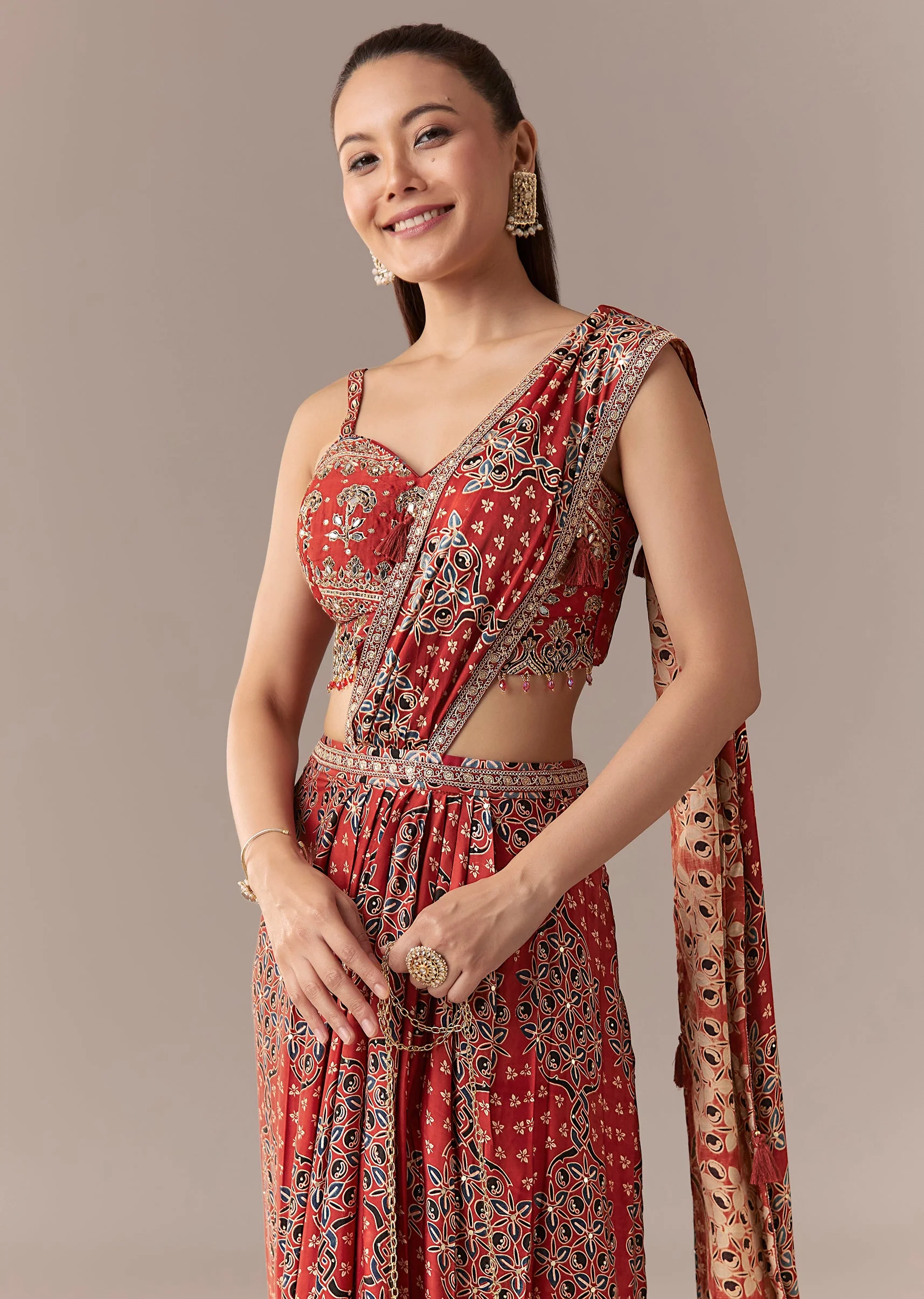 Maroon Ajrakh Pre Draped Saree Set With Mirror Work Blouse - Image 4