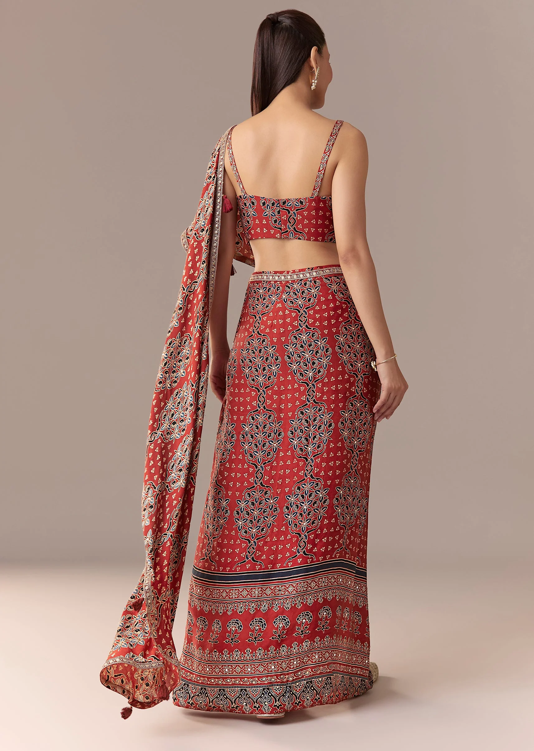 Maroon Ajrakh Pre Draped Saree Set With Mirror Work Blouse - Image 5