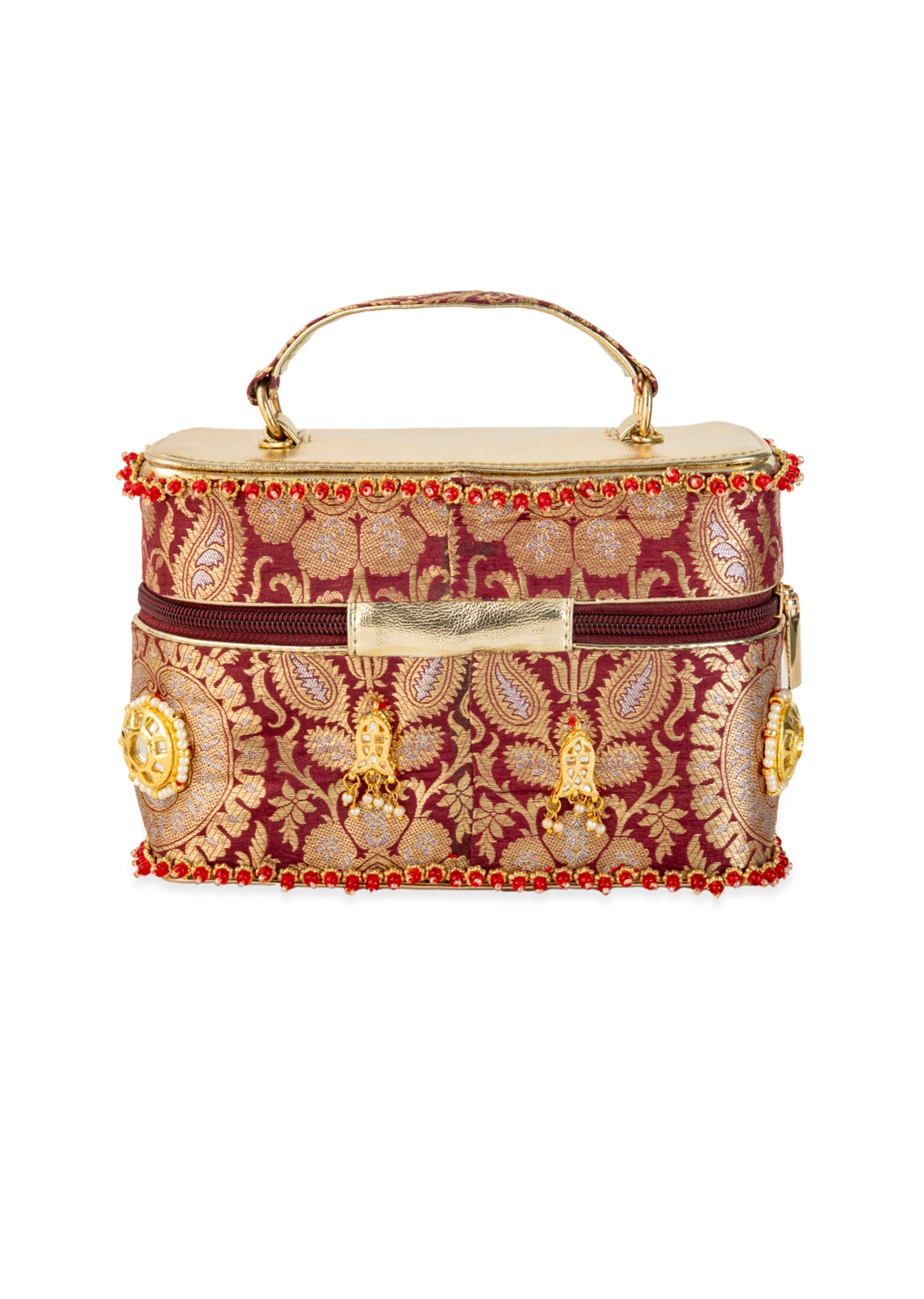 Maroon and Gold Floral Motif Brocade Silk Bag - Image 3