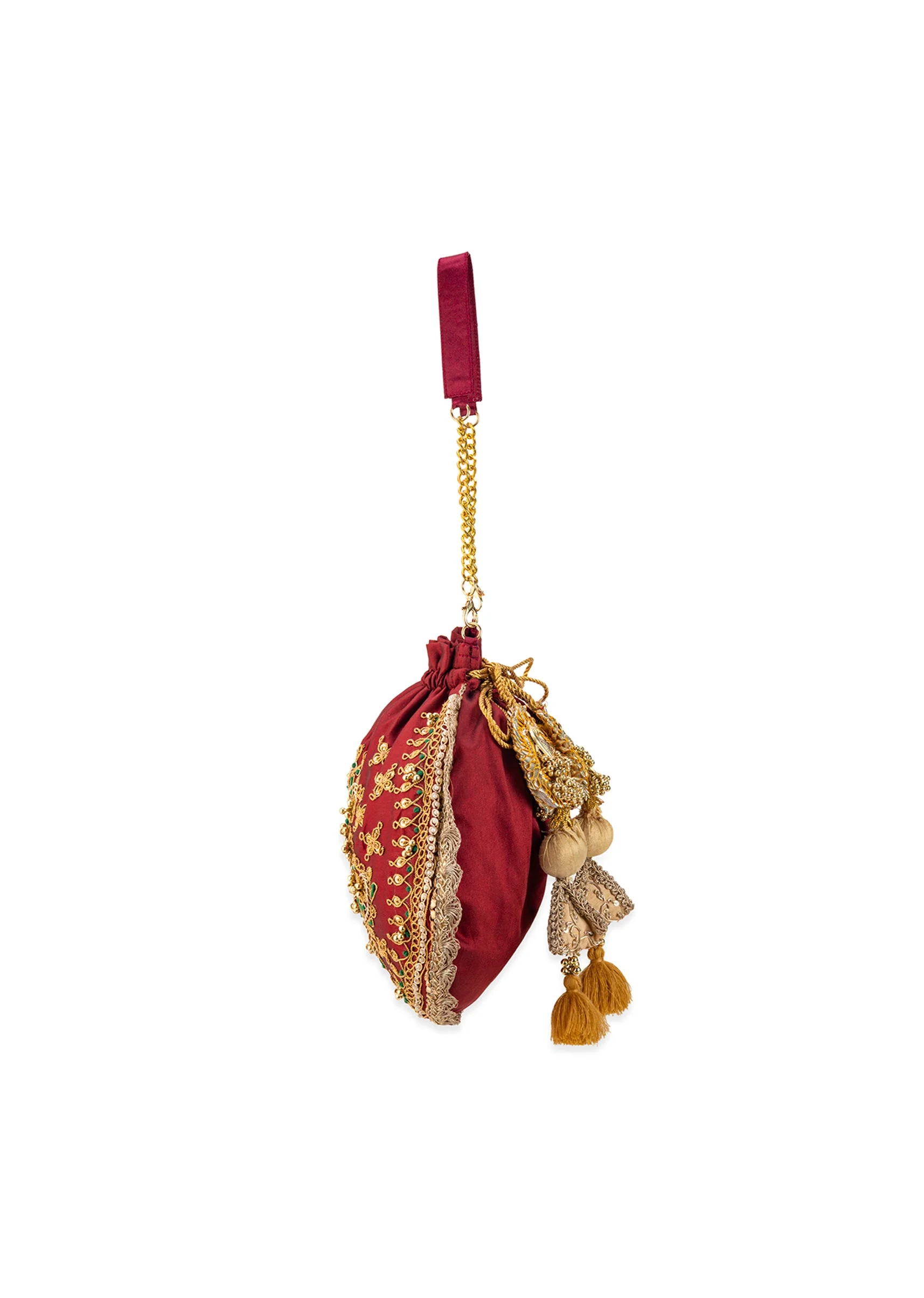 Maroon and Gold Silk Peacock Motif Embroidered Potli Bag - Image 5