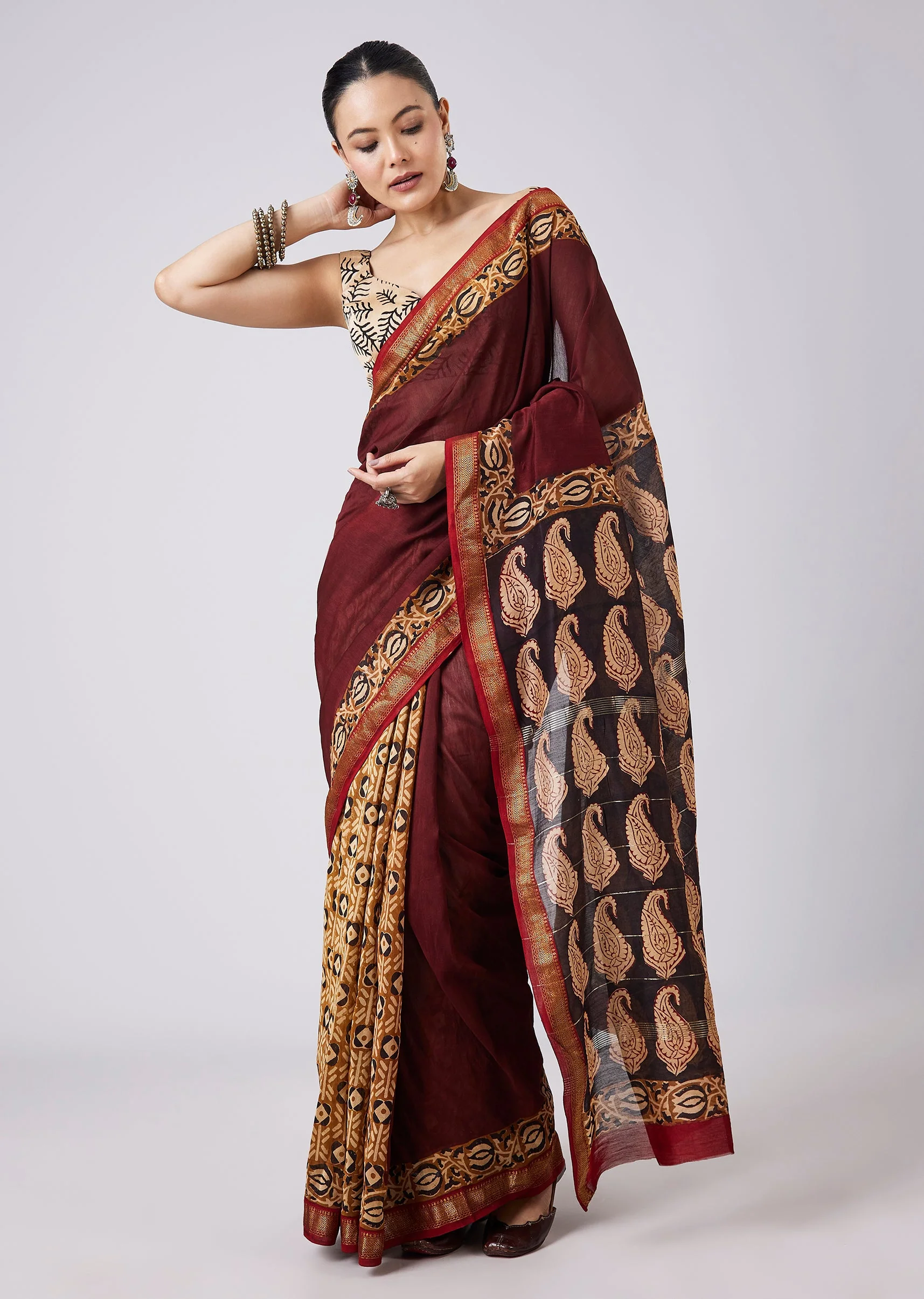 Maroon Block Printed Saree with Unstitched Blouse