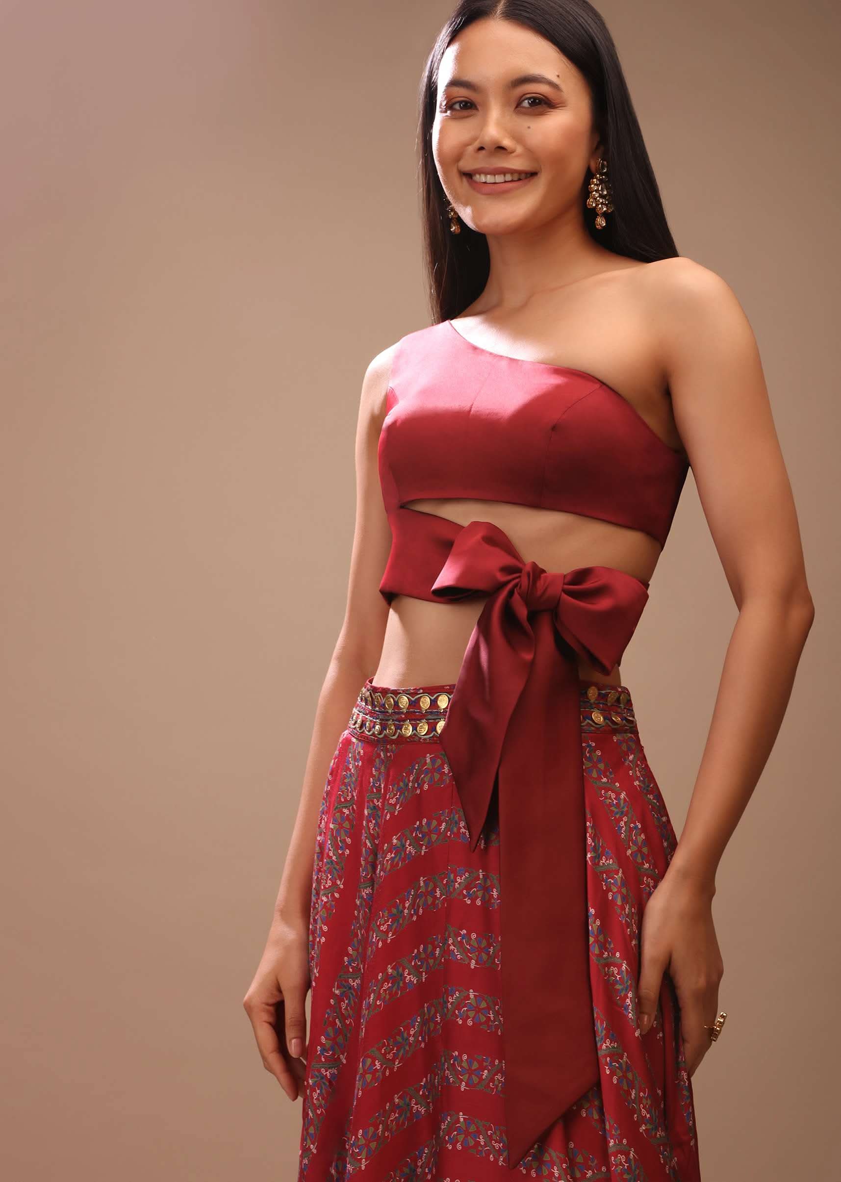 Maroon Blouse In Satin With One Shoulder Neckline And Tie Up Bow - Image 3