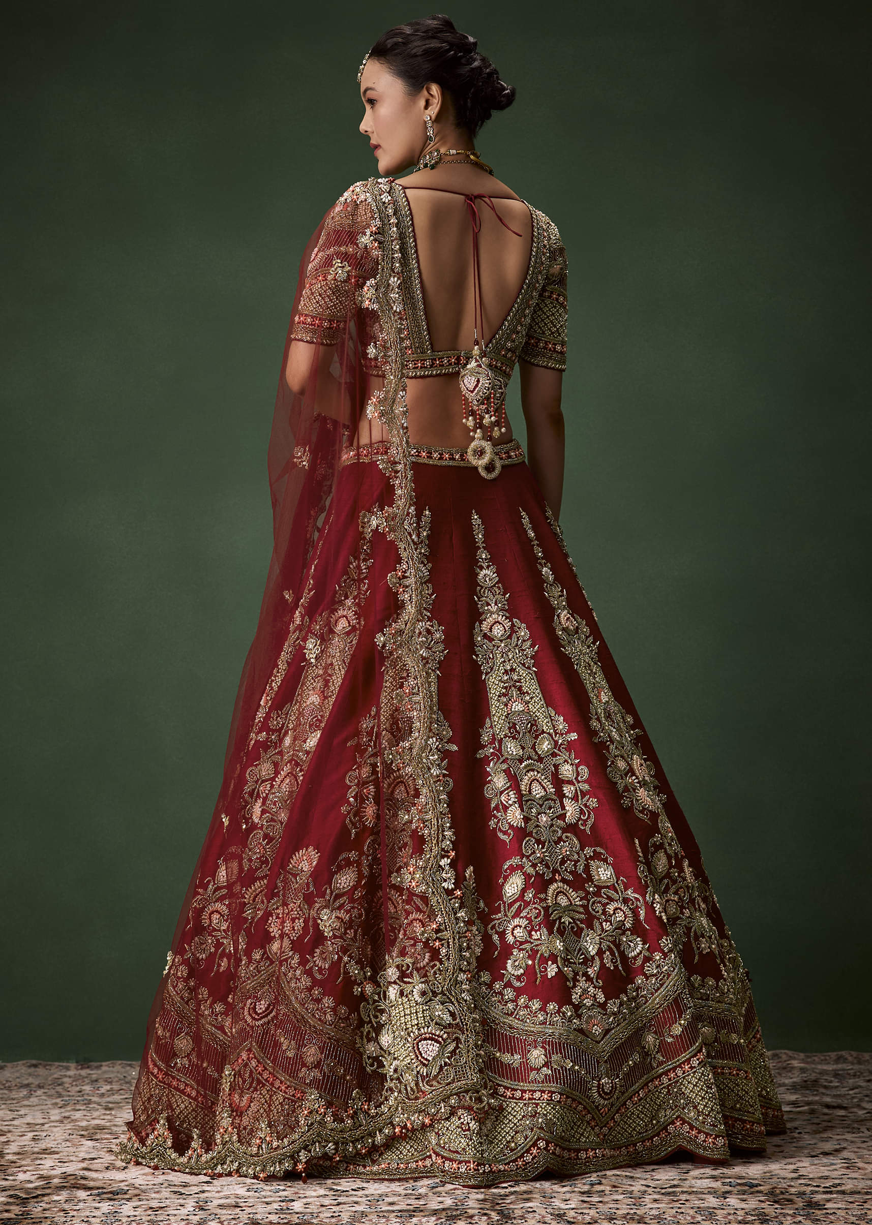 Maroon Bridal Lehenga Set In Raw Silk with Two Dupattas - Image 2