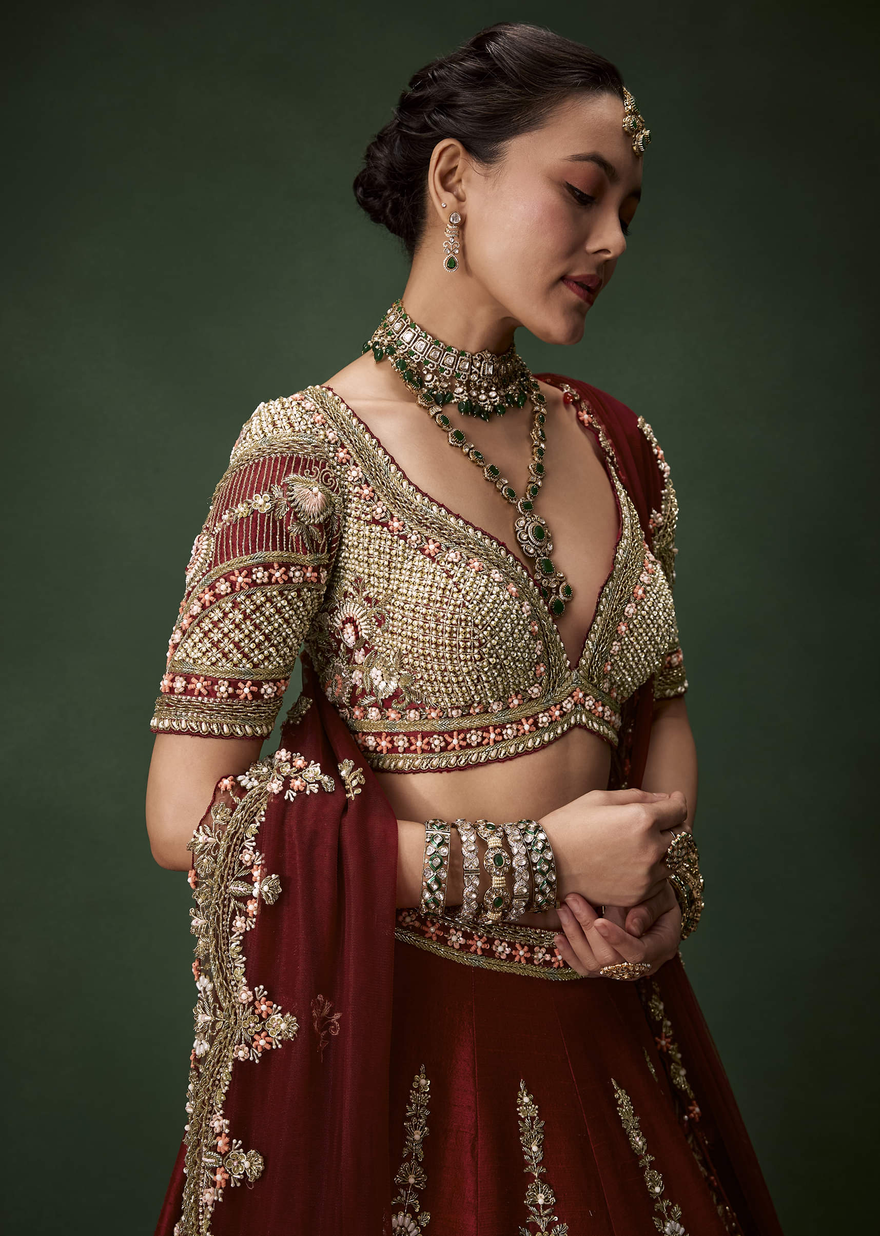 Maroon Bridal Lehenga Set In Raw Silk with Two Dupattas - Image 3