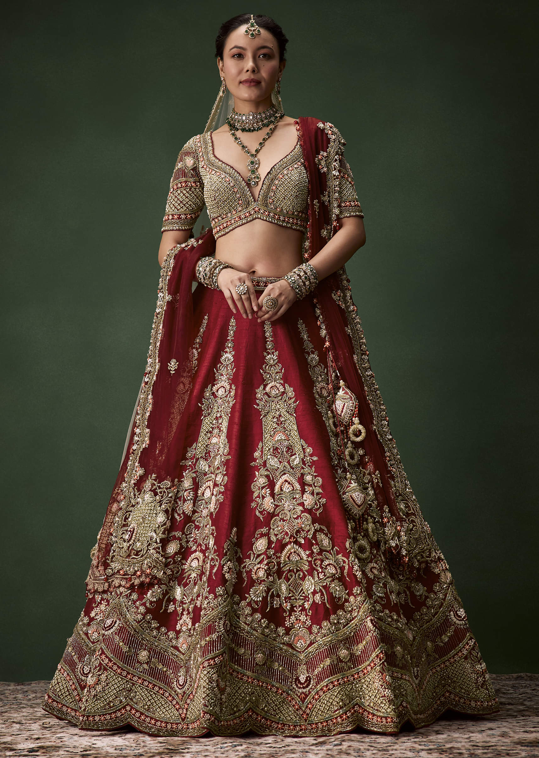 Maroon Bridal Lehenga Set In Raw Silk with Two Dupattas - Image 4