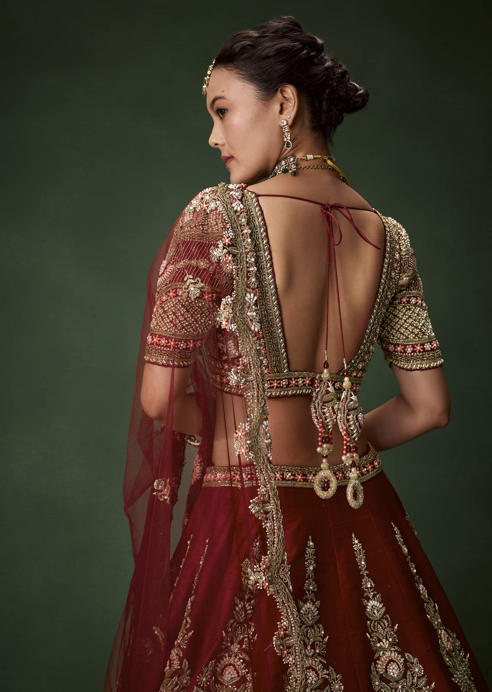 Maroon Bridal Lehenga Set In Raw Silk with Two Dupattas - Image 5
