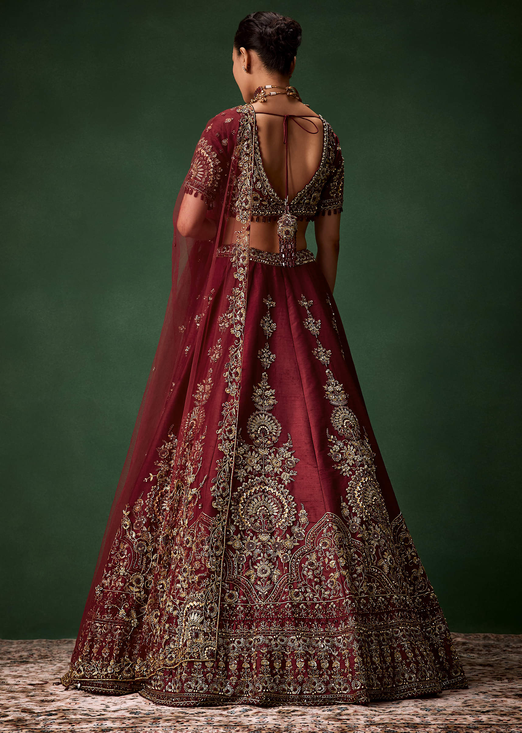Maroon Bridal Moti Silk Lehenga Set with Two Dupattas - Image 2