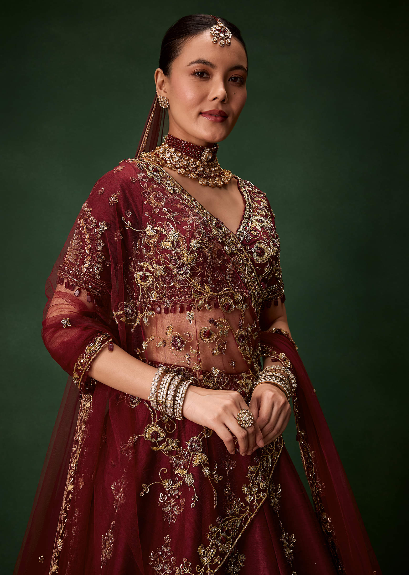 Maroon Bridal Moti Silk Lehenga Set with Two Dupattas - Image 3