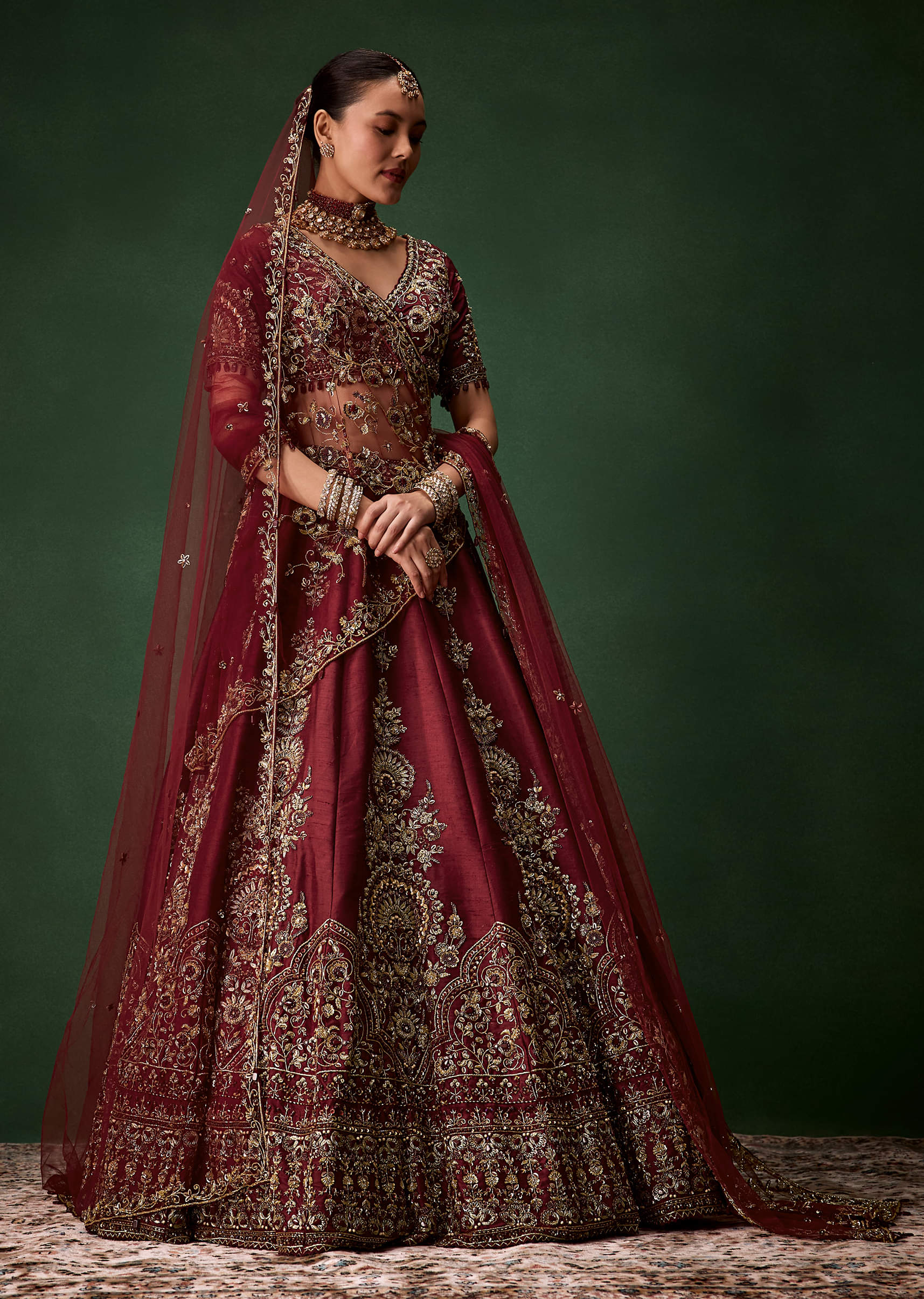 Maroon Bridal Moti Silk Lehenga Set with Two Dupattas - Image 4