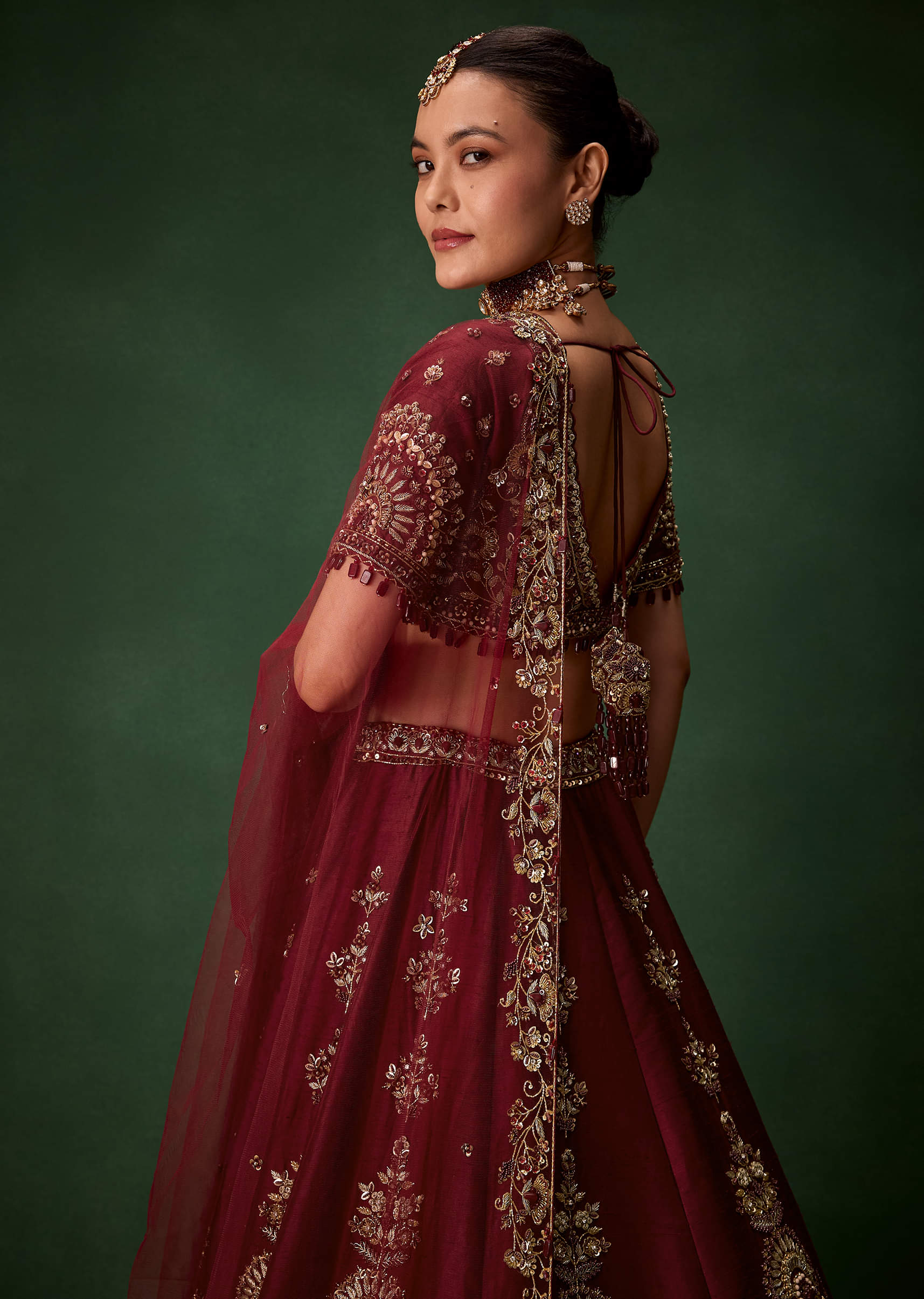 Maroon Bridal Moti Silk Lehenga Set with Two Dupattas - Image 6