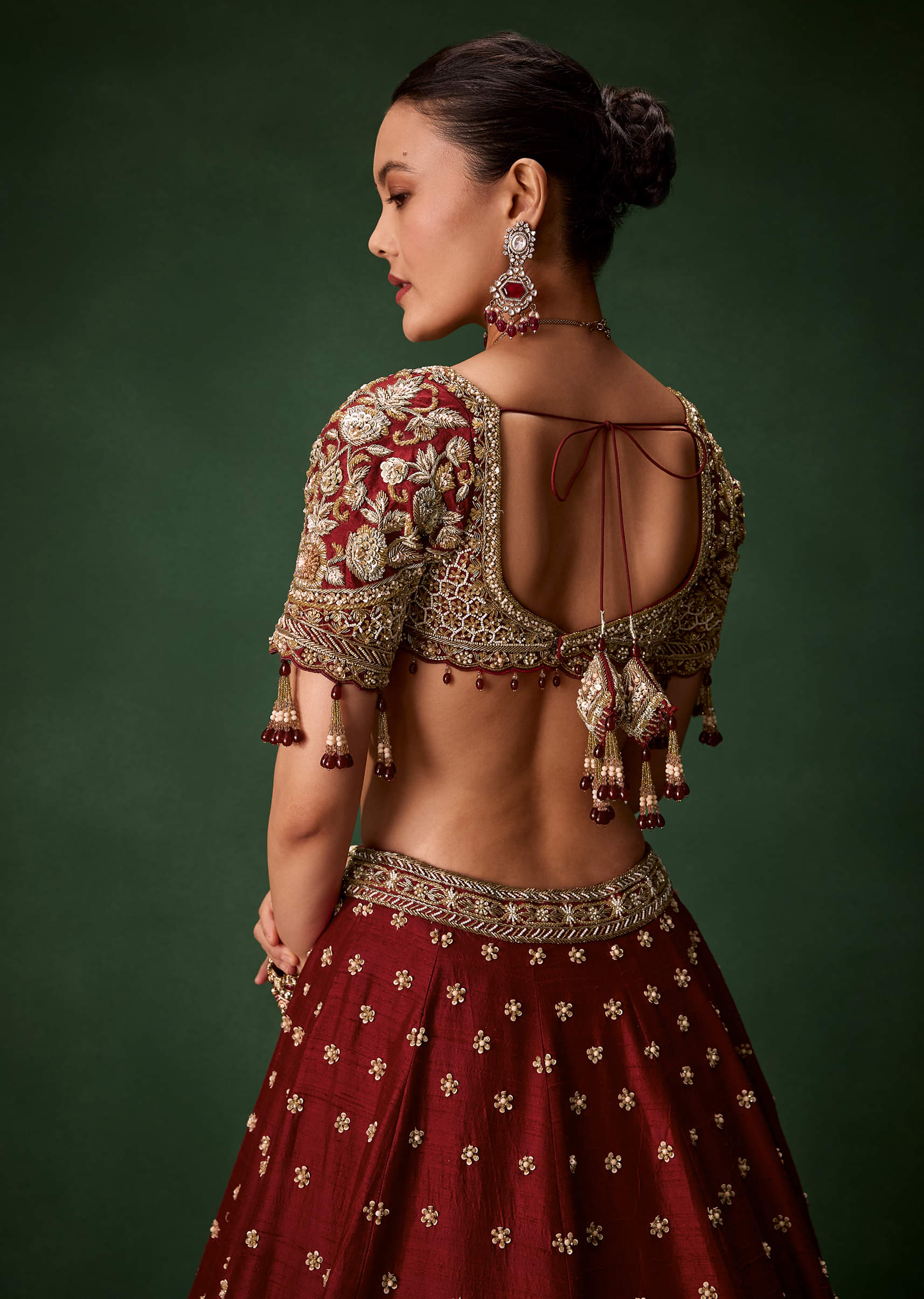 Maroon Bridal Patchwork Silk Lehenga Set with  Two Dupattas - Image 6