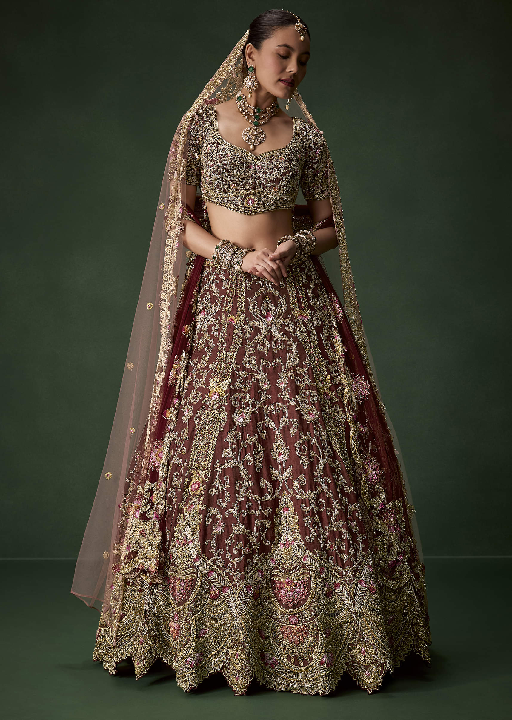 Maroon Bridal Silk Embellished Lehenga Set with Two Dupattas