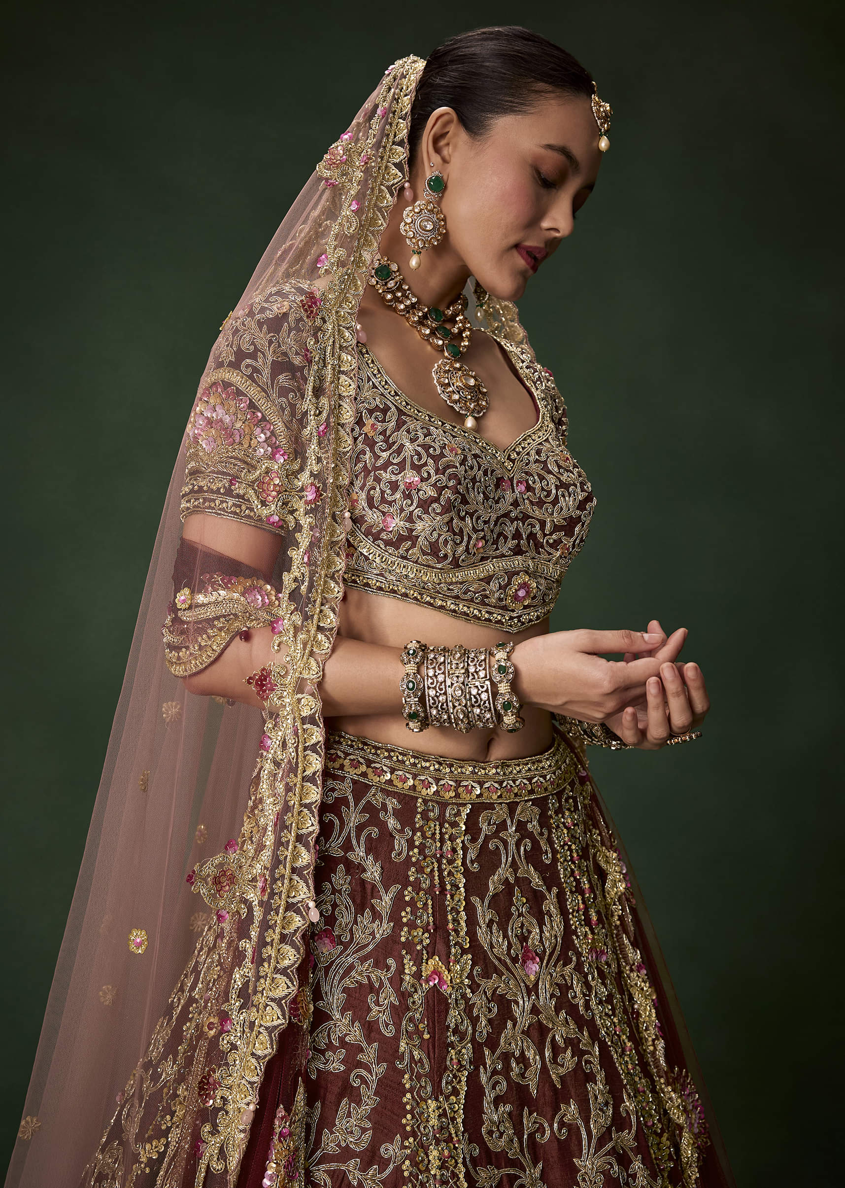 Maroon Bridal Silk Embellished Lehenga Set with Two Dupattas - Image 3