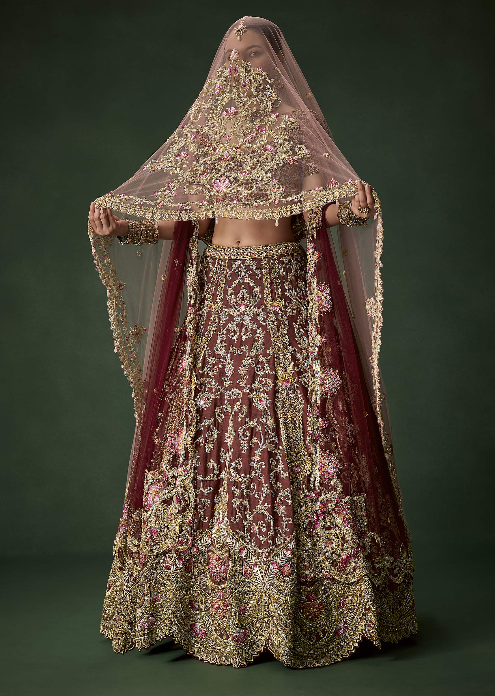 Maroon Bridal Silk Embellished Lehenga Set with Two Dupattas - Image 4