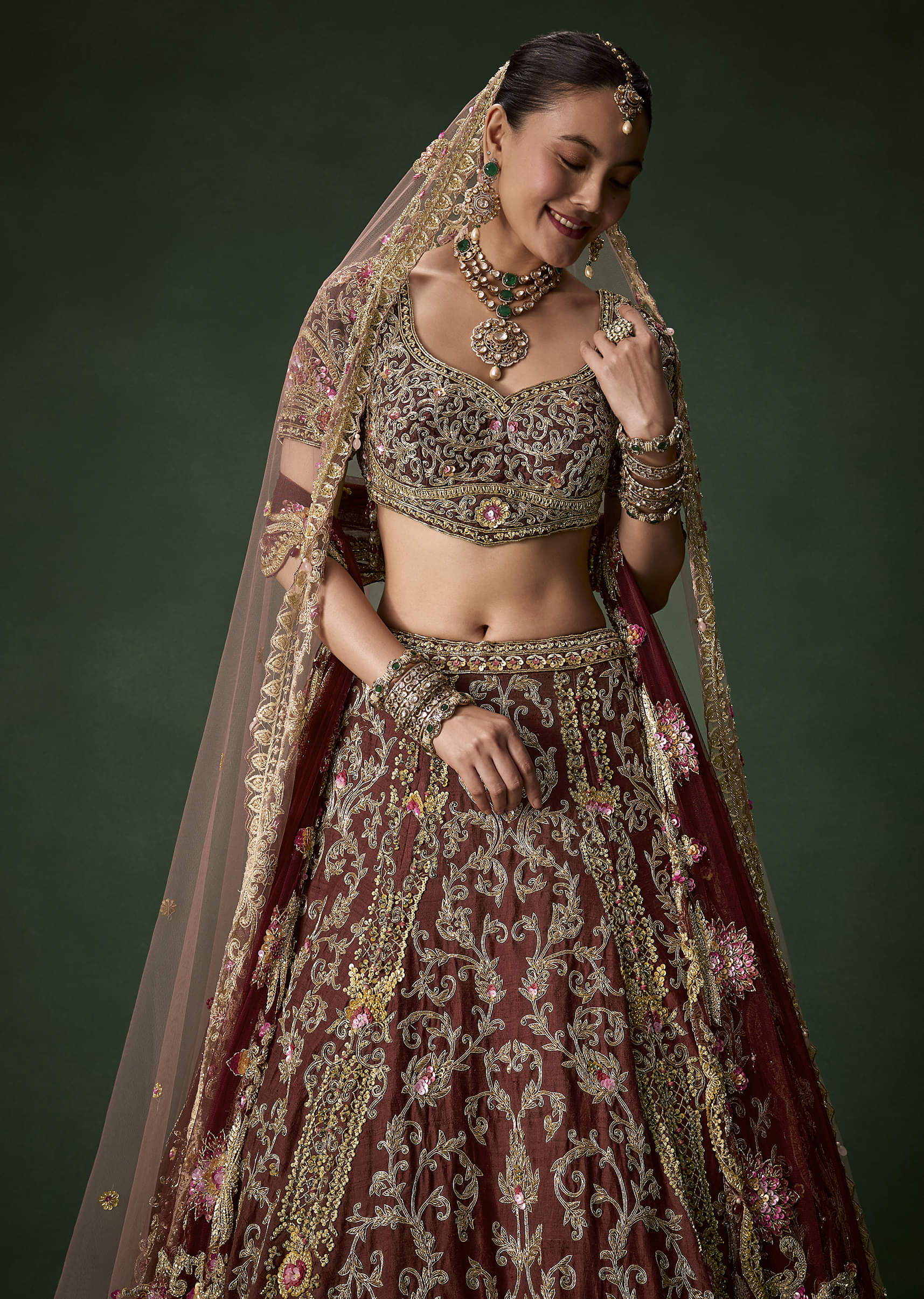 Maroon Bridal Silk Embellished Lehenga Set with Two Dupattas - Image 5
