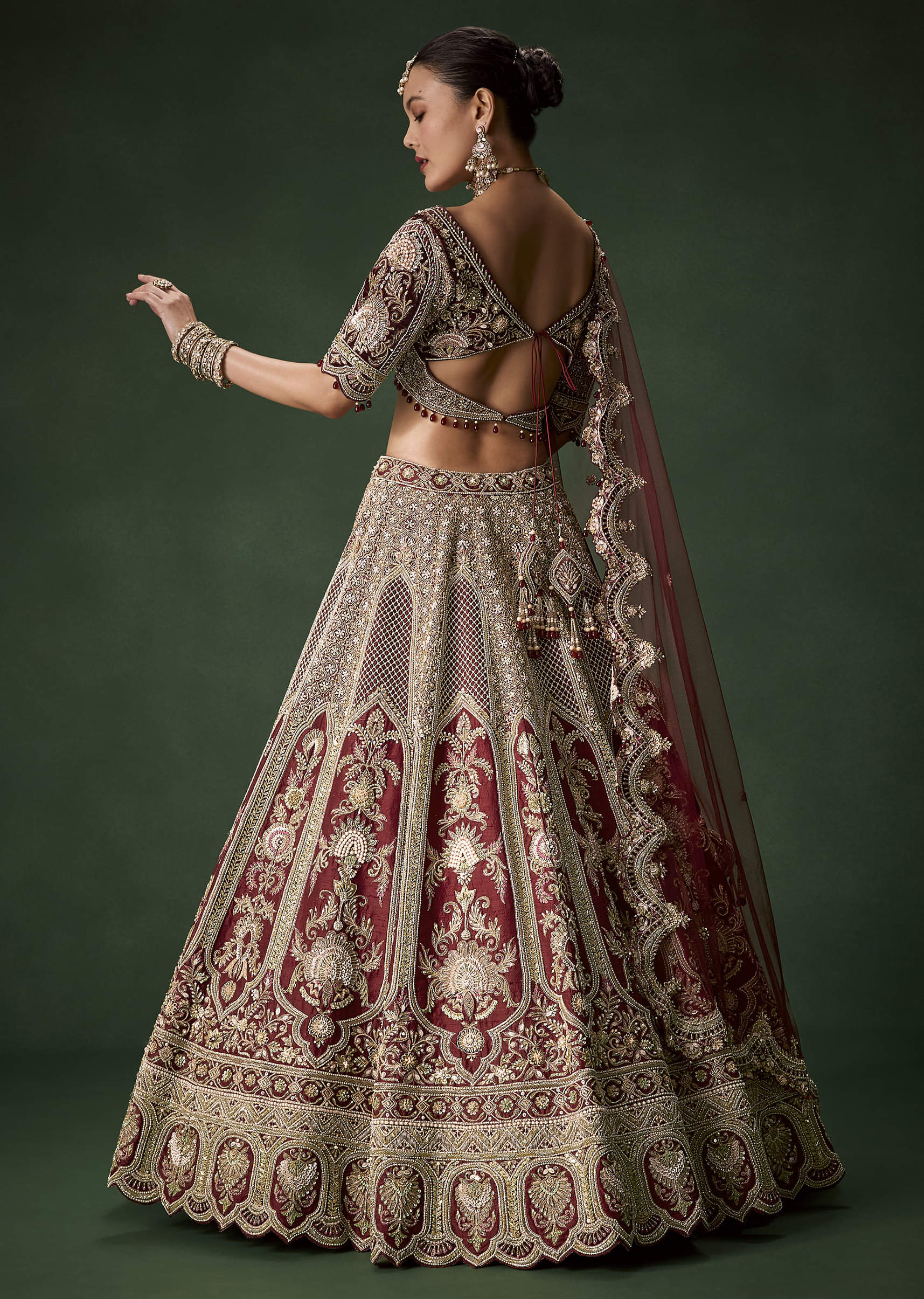 Maroon Bridal Silk Sequin Lehenga Set with Two Dupattas - Image 2