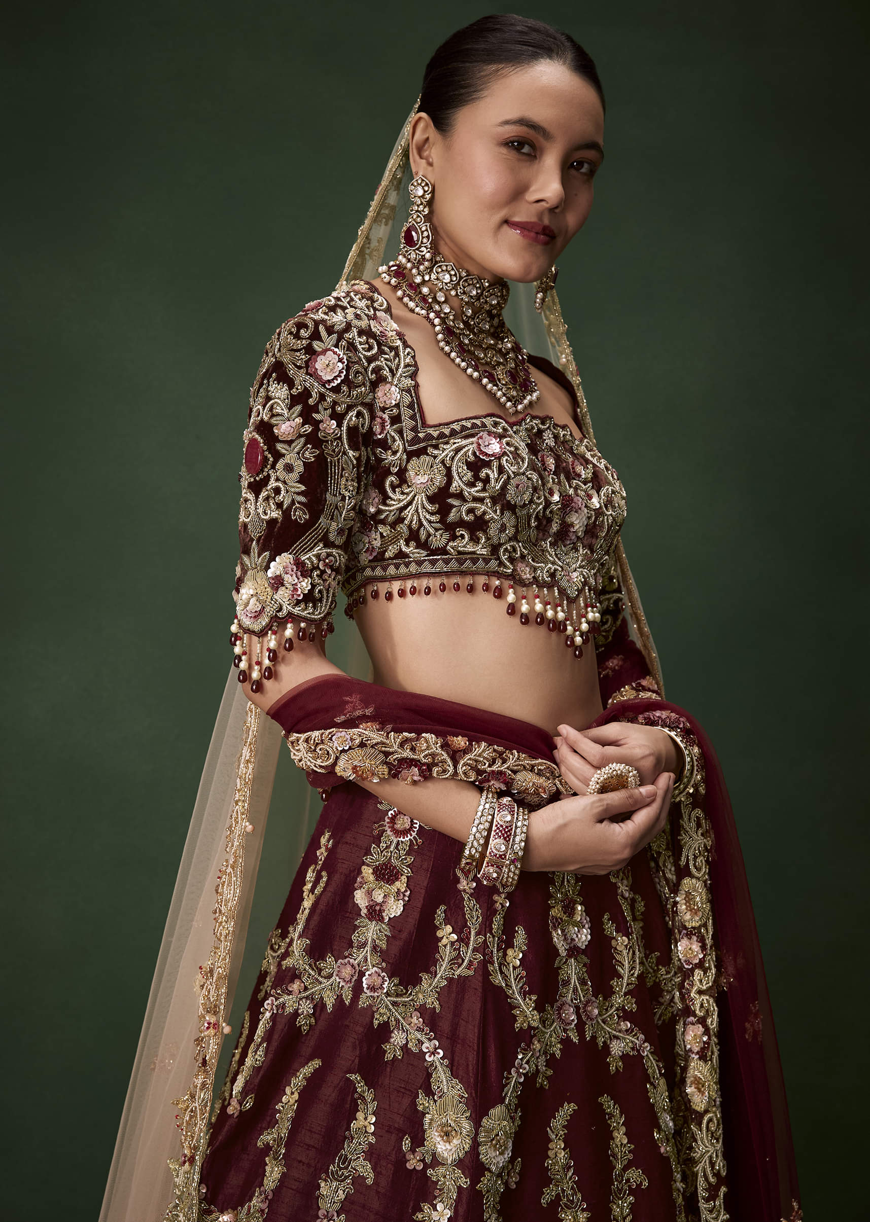 Maroon Bridal Silk Zardozi Lehenga Set with  Two Dupattas - Image 3
