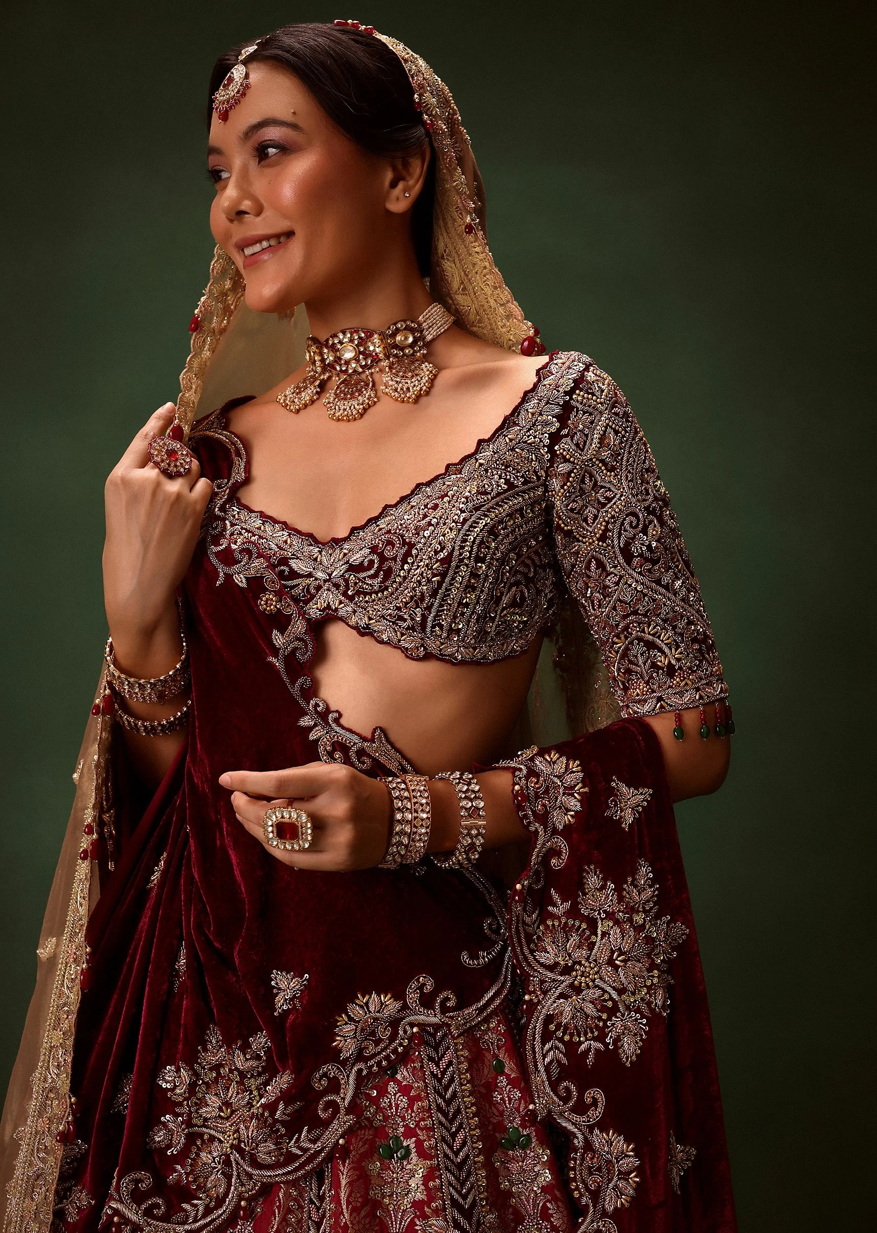 Maroon Brocade Lehenga Dupatta With Cross Body Blouse - Image 2