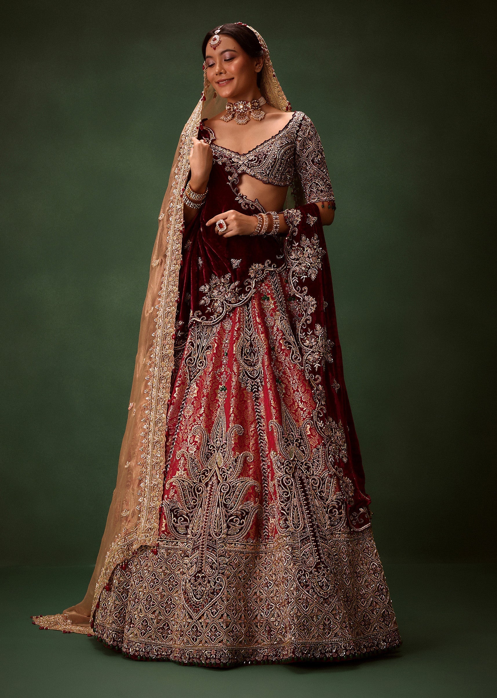 Maroon Brocade Lehenga Dupatta With Cross Body Blouse - Image 3