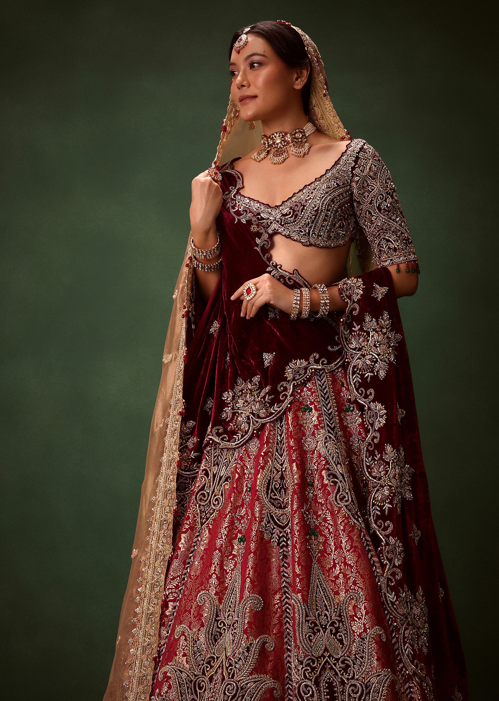 Maroon Brocade Lehenga Dupatta With Cross Body Blouse - Image 4