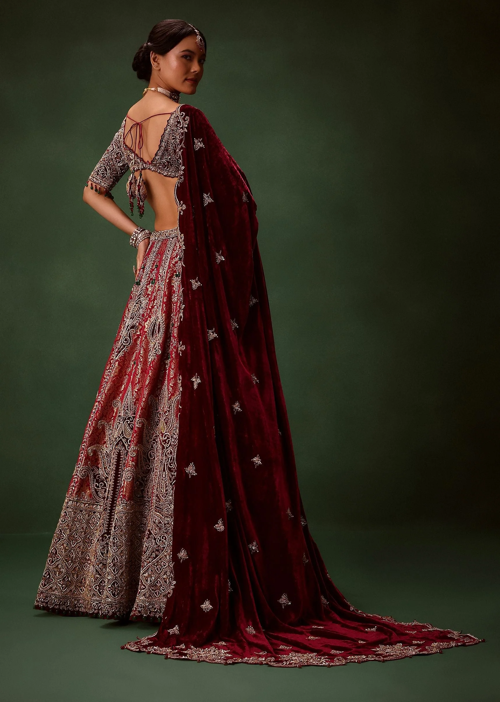 Maroon Brocade Lehenga Dupatta With Cross Body Blouse - Image 5