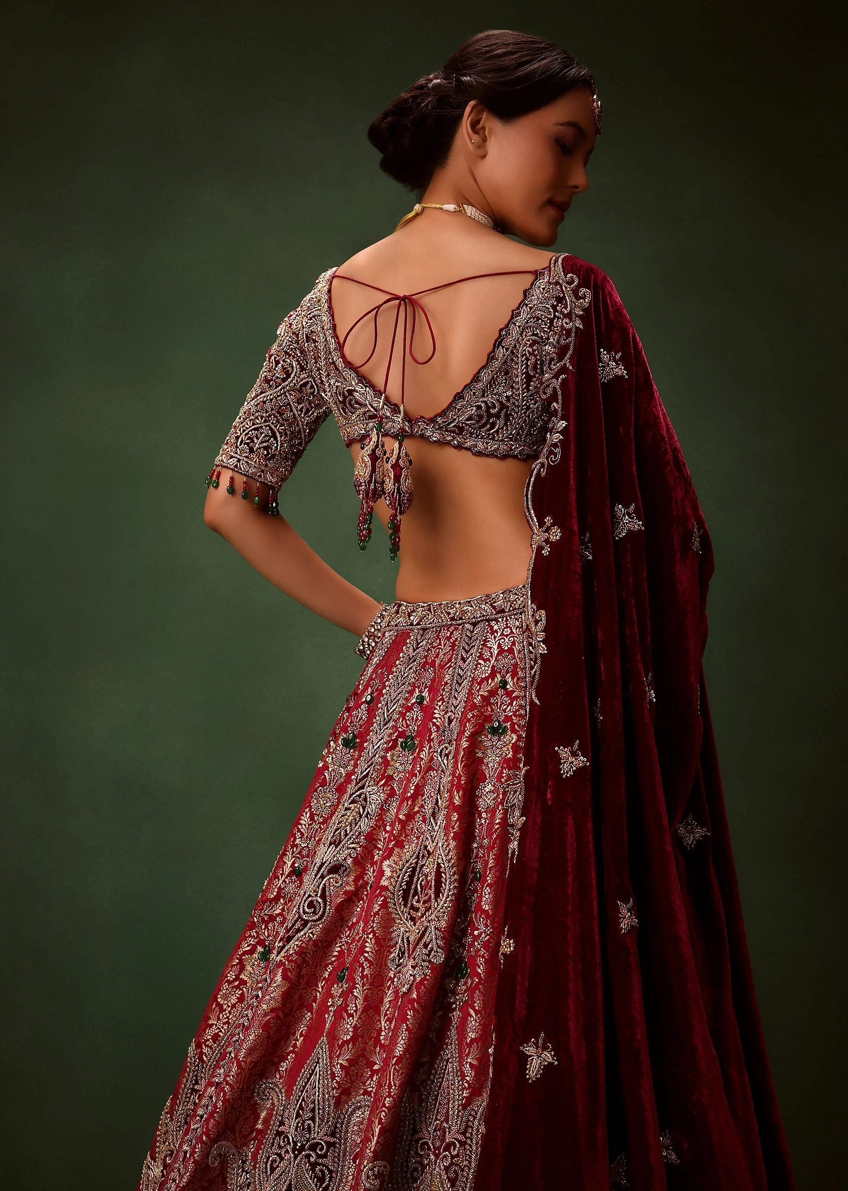 Maroon Brocade Lehenga Dupatta With Cross Body Blouse - Image 6