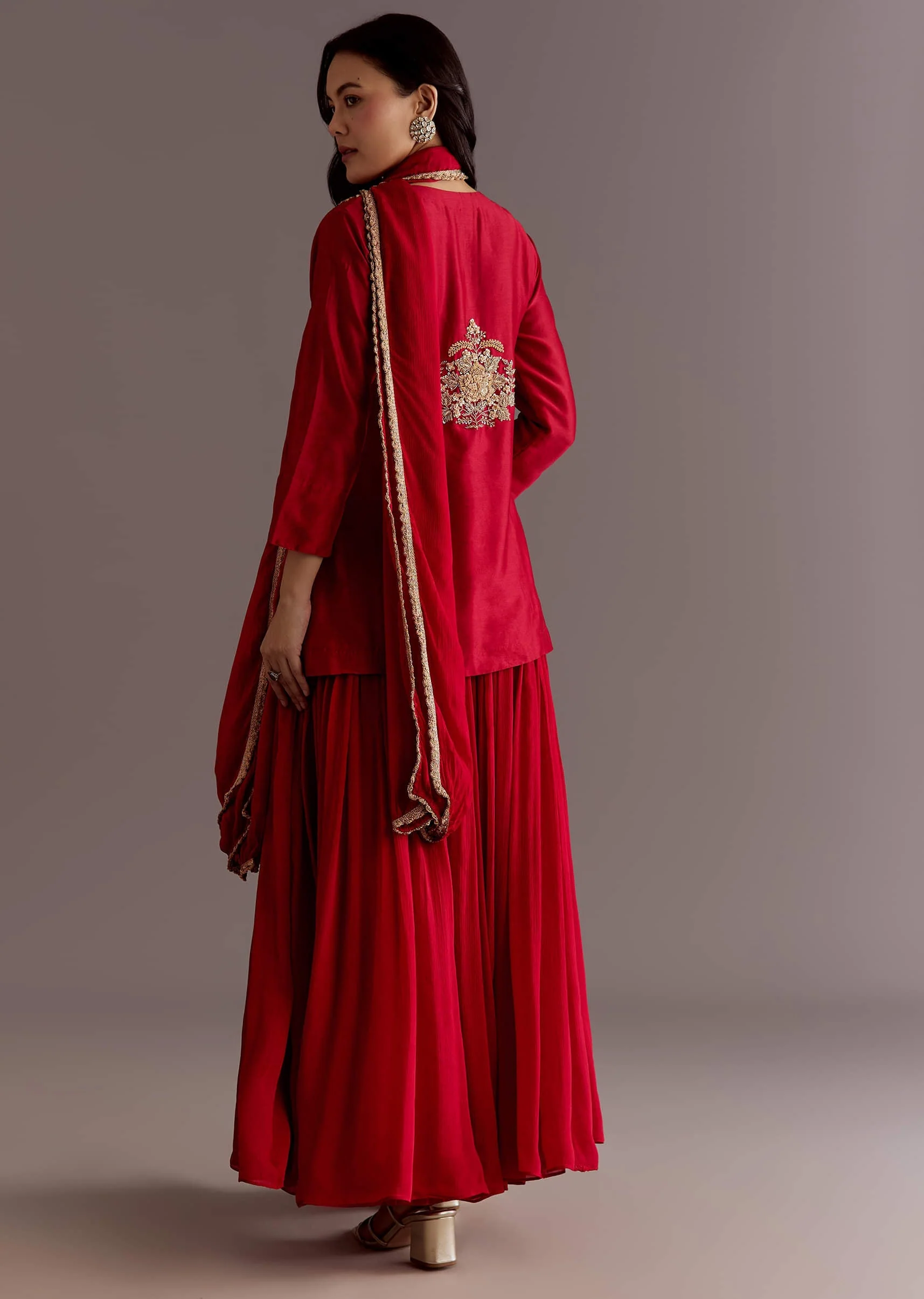Maroon Chinon Sequin Gota Lace Kurta Skirt Set With Dupatta - Image 5