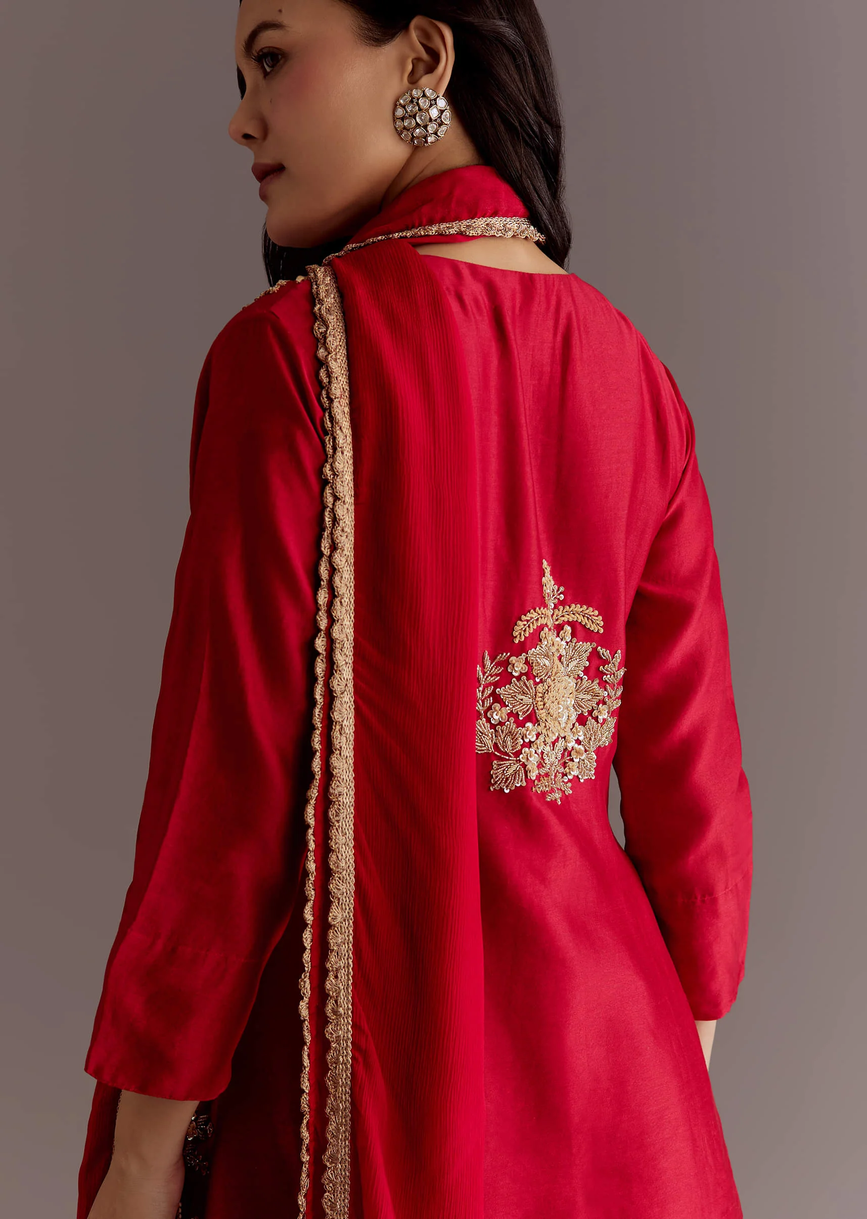 Maroon Chinon Sequin Gota Lace Kurta Skirt Set With Dupatta - Image 6