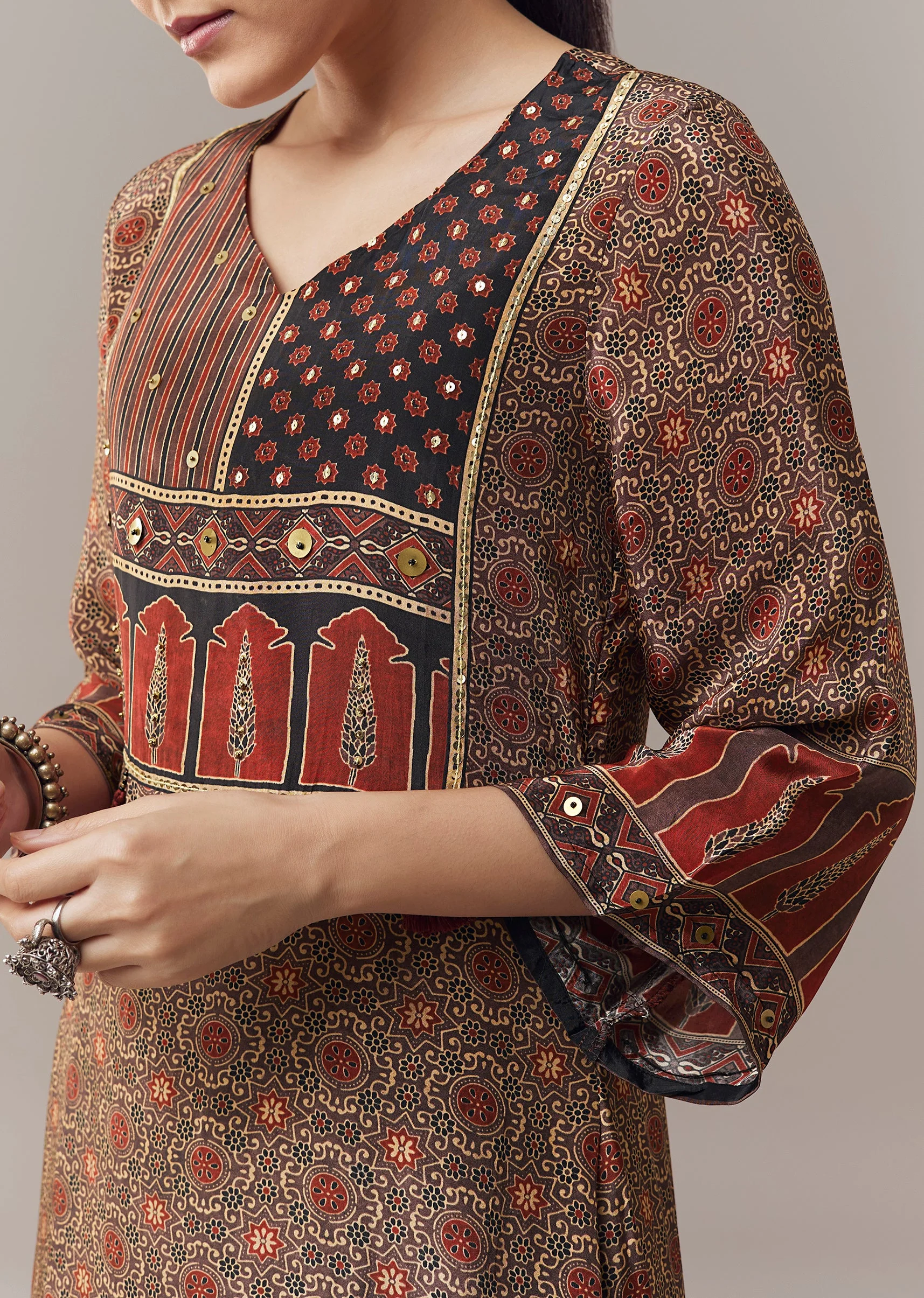 Maroon Coord Set In Ajrakh Print With Sequins Work - Image 2