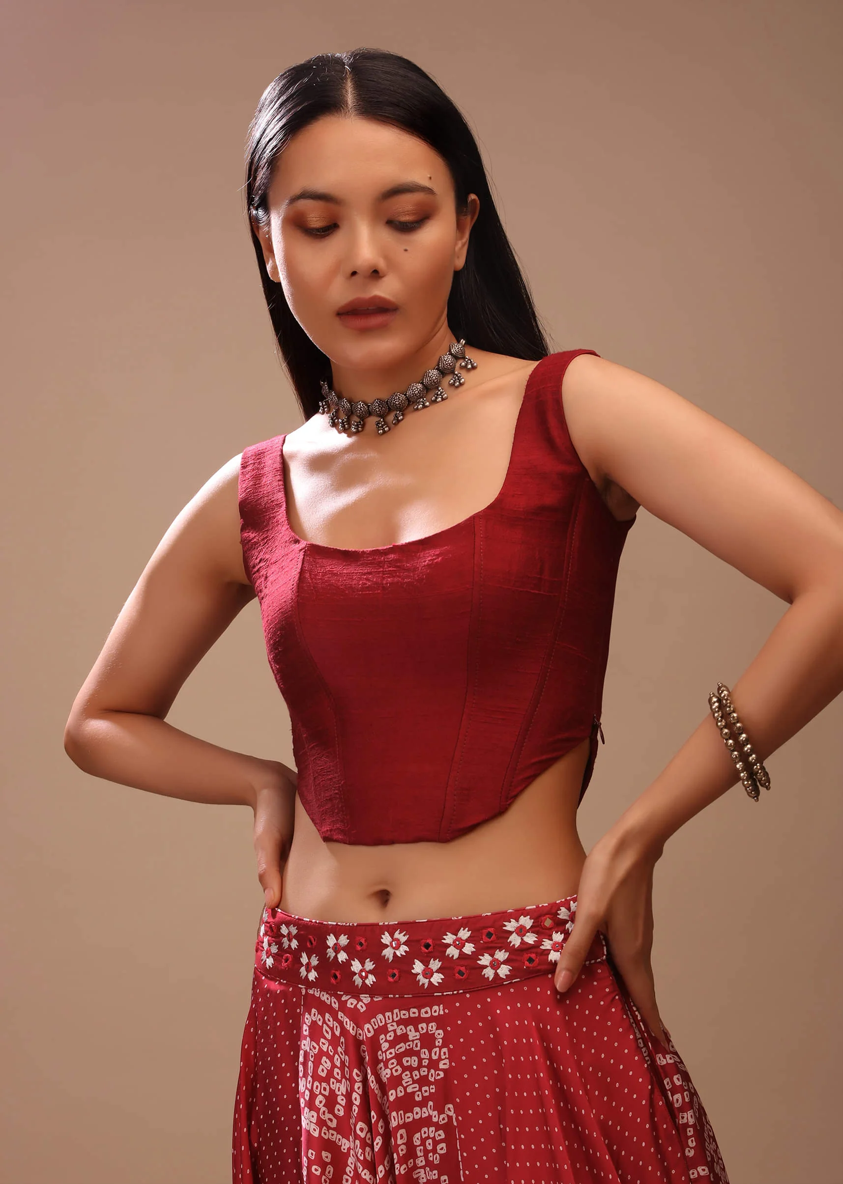 Maroon Corset Blouse In Raw Silk With Scooped Neckline And Tapered High Low Hem - Image 5