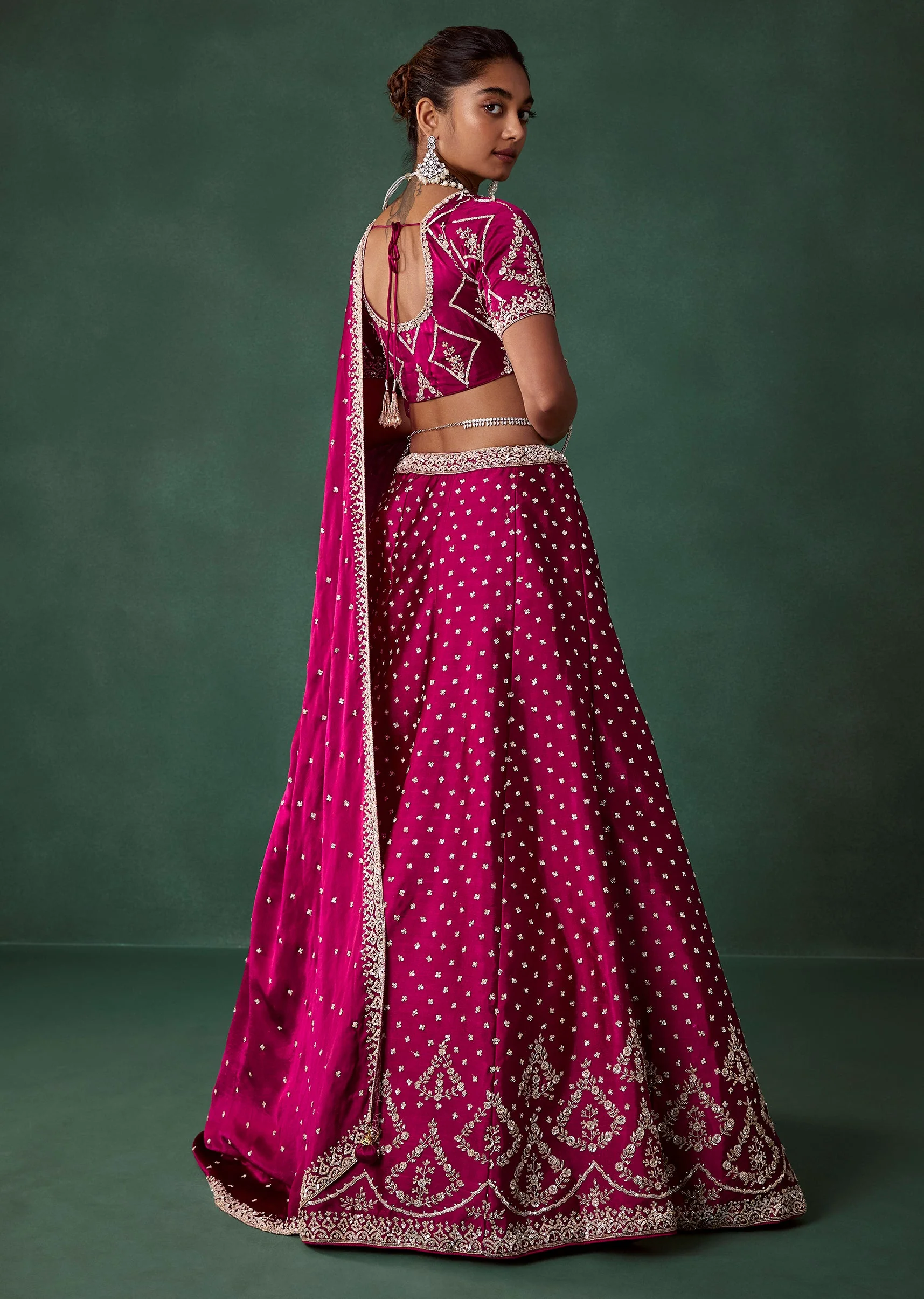 Maroon Embroidered Satin Bridal Lehenga Set with Cutdana - Image 2