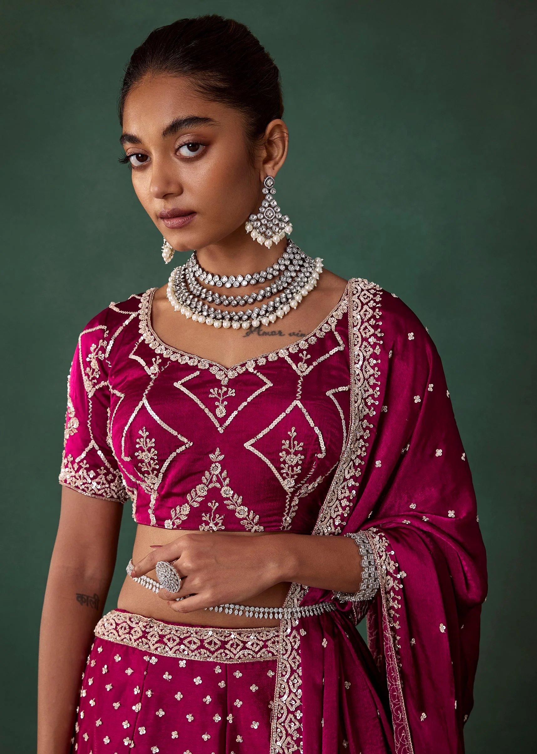 Maroon Embroidered Satin Bridal Lehenga Set with Cutdana - Image 3